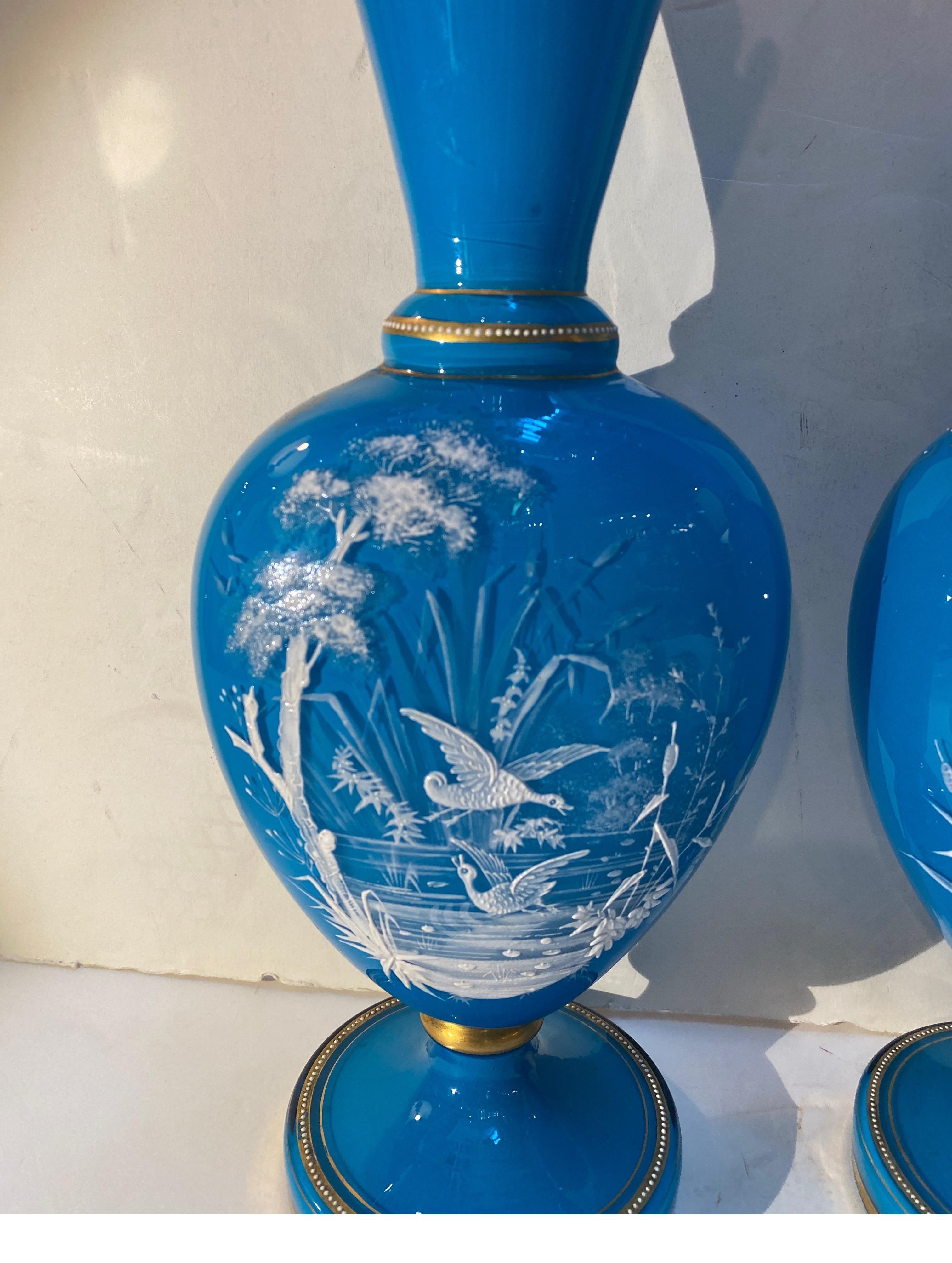Victorian A Pair of French Opaline Blue Glass Mantle Vases Pate sur Pate Decoration