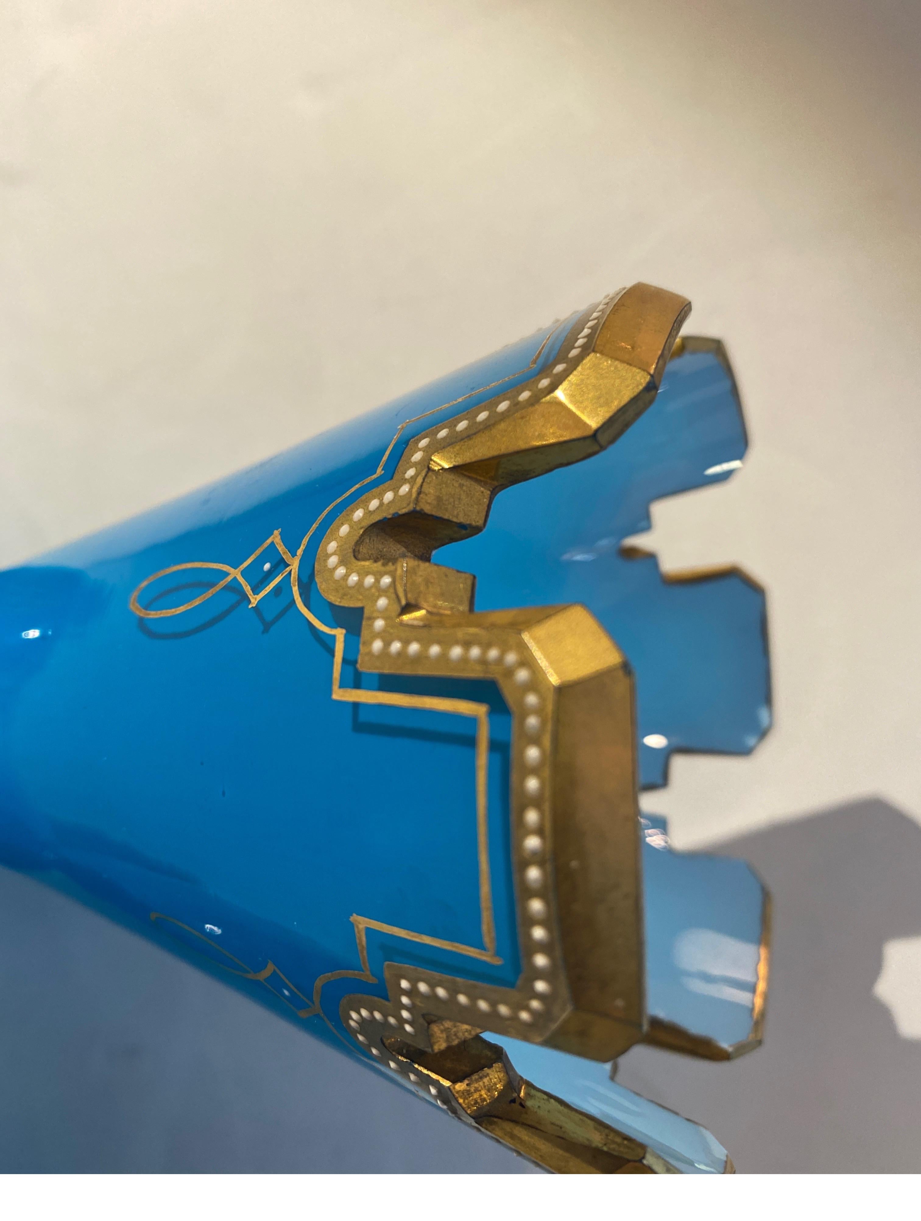 A Pair of French Opaline Blue Glass Mantle Vases Pate sur Pate Decoration In Good Condition In Lambertville, NJ
