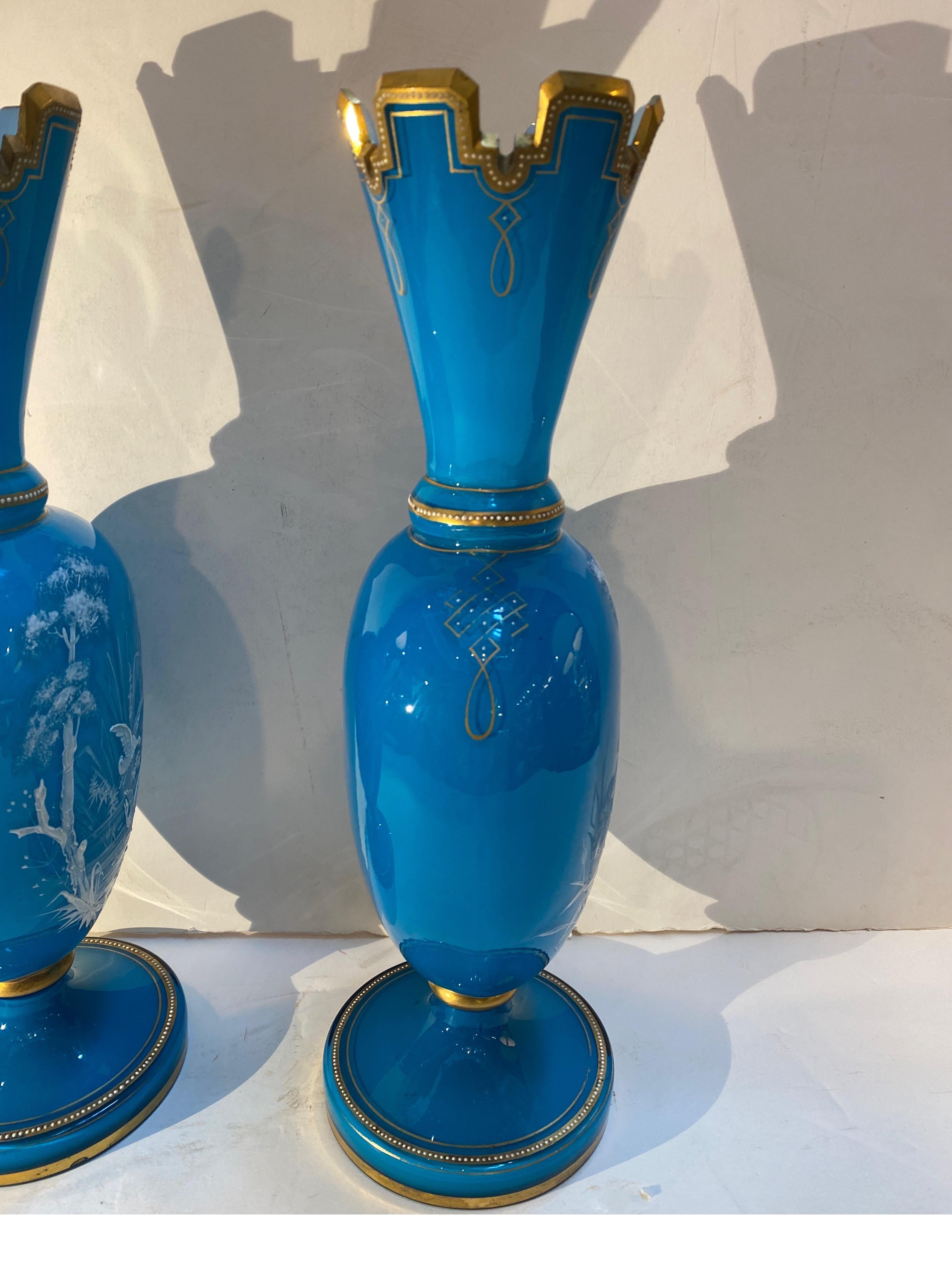 Late 19th Century A Pair of French Opaline Blue Glass Mantle Vases Pate sur Pate Decoration
