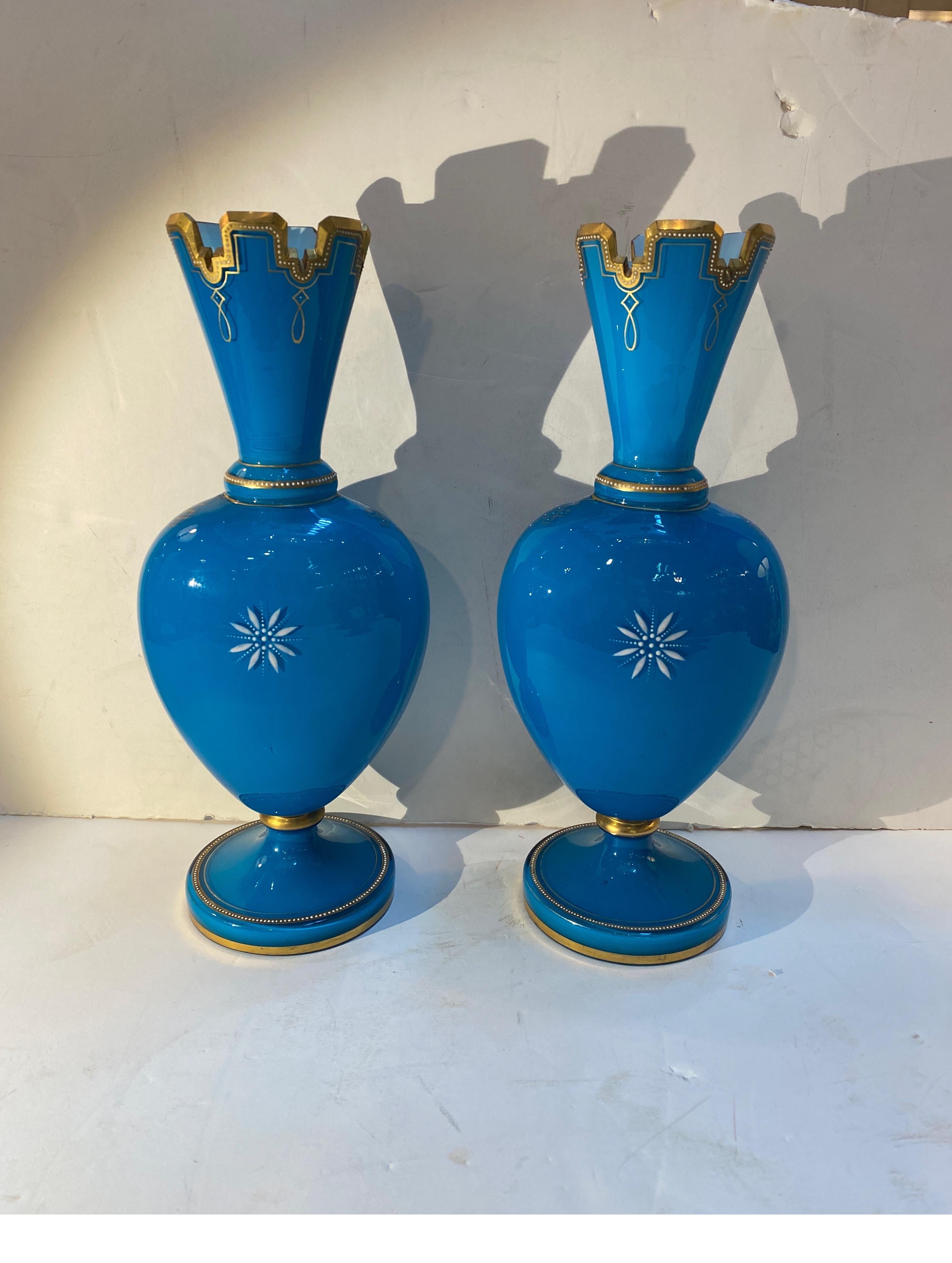 Enamel A Pair of French Opaline Blue Glass Mantle Vases Pate sur Pate Decoration