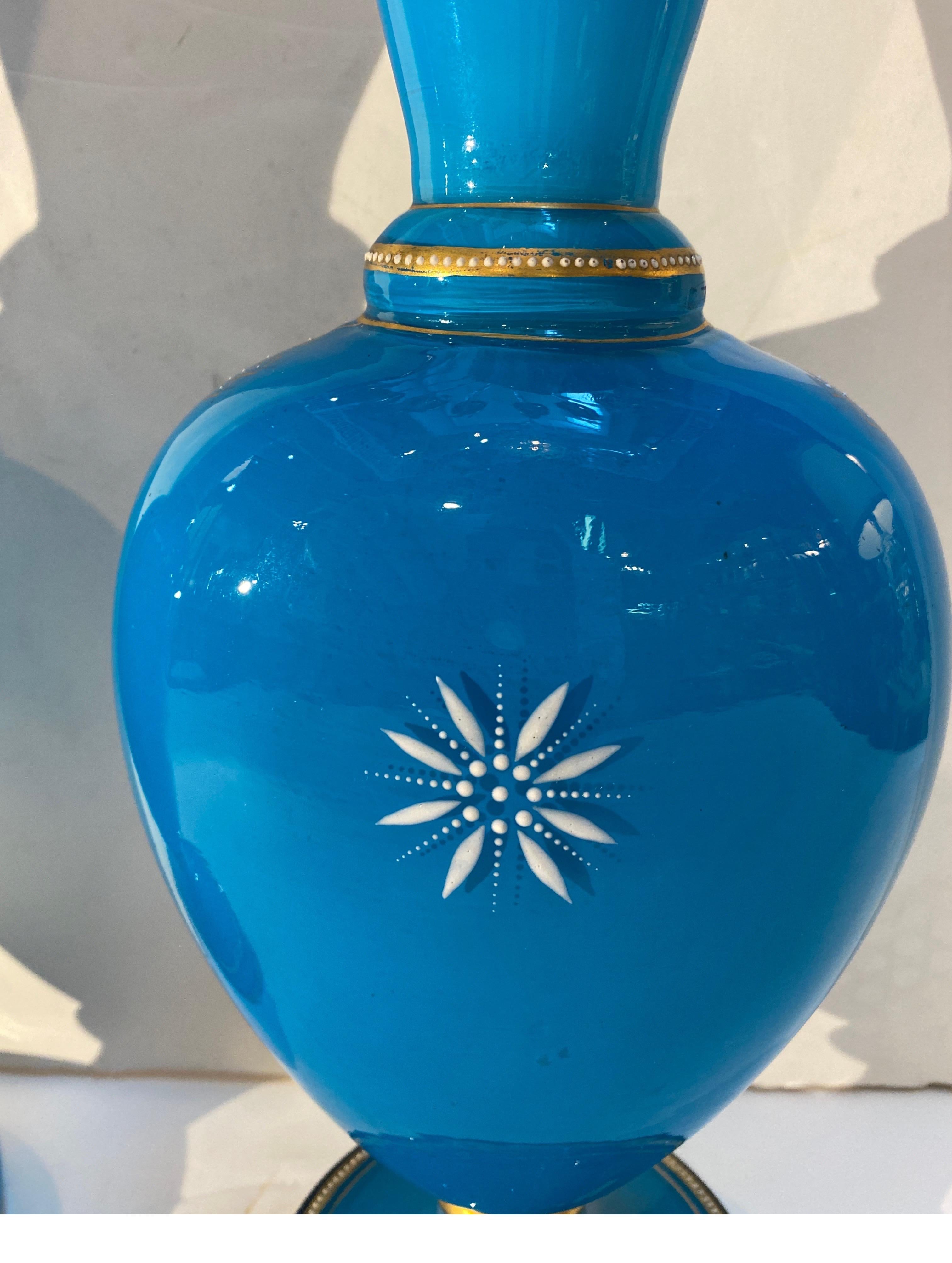 A Pair of French Opaline Blue Glass Mantle Vases Pate sur Pate Decoration 1