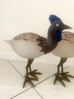 Pair of Cenedese Scavo Glass and Bronze Bird Sculptures