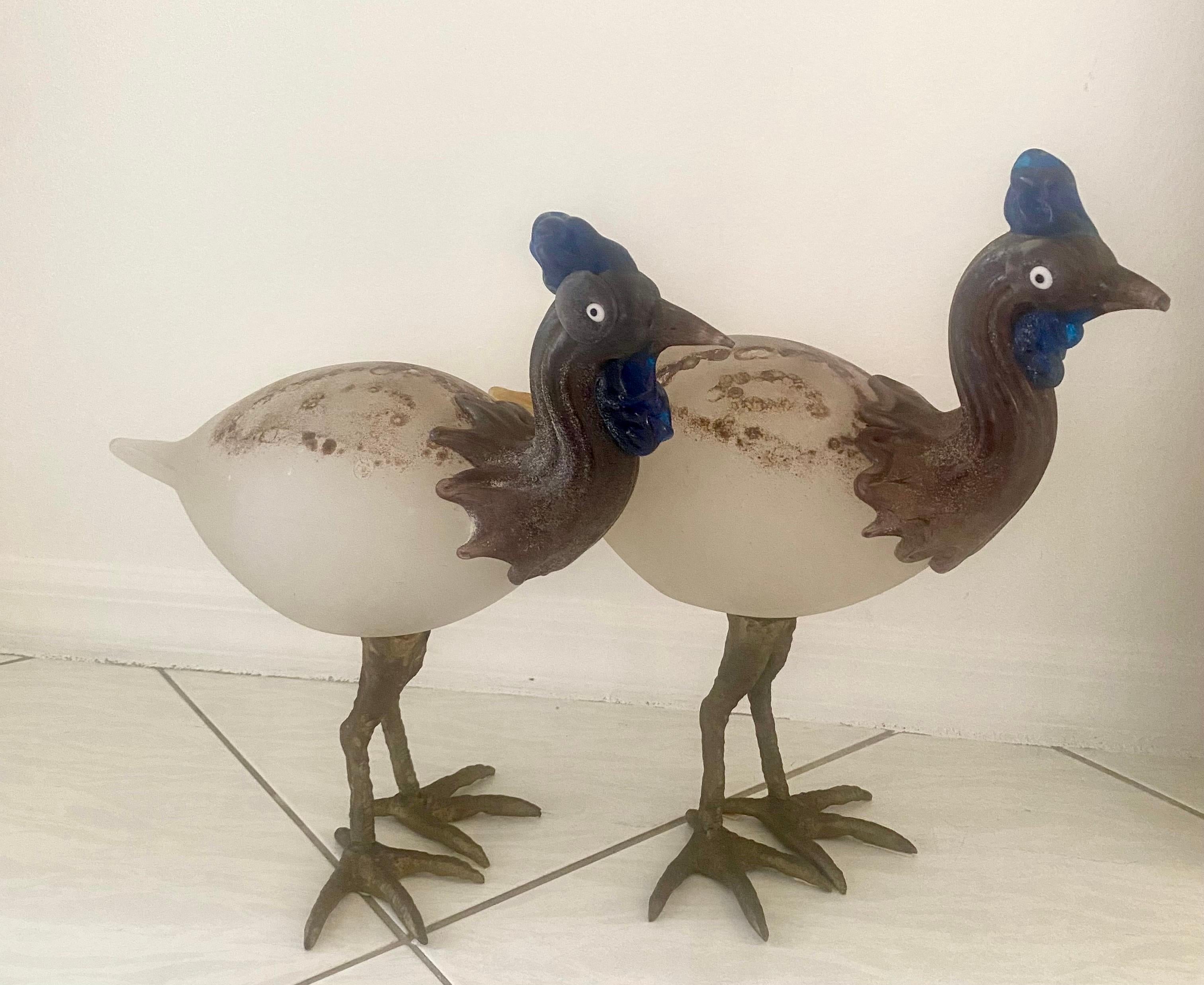 Mid-Century Modern Pair of Cenedese Scavo Glass and Bronze Bird Sculptures For Sale