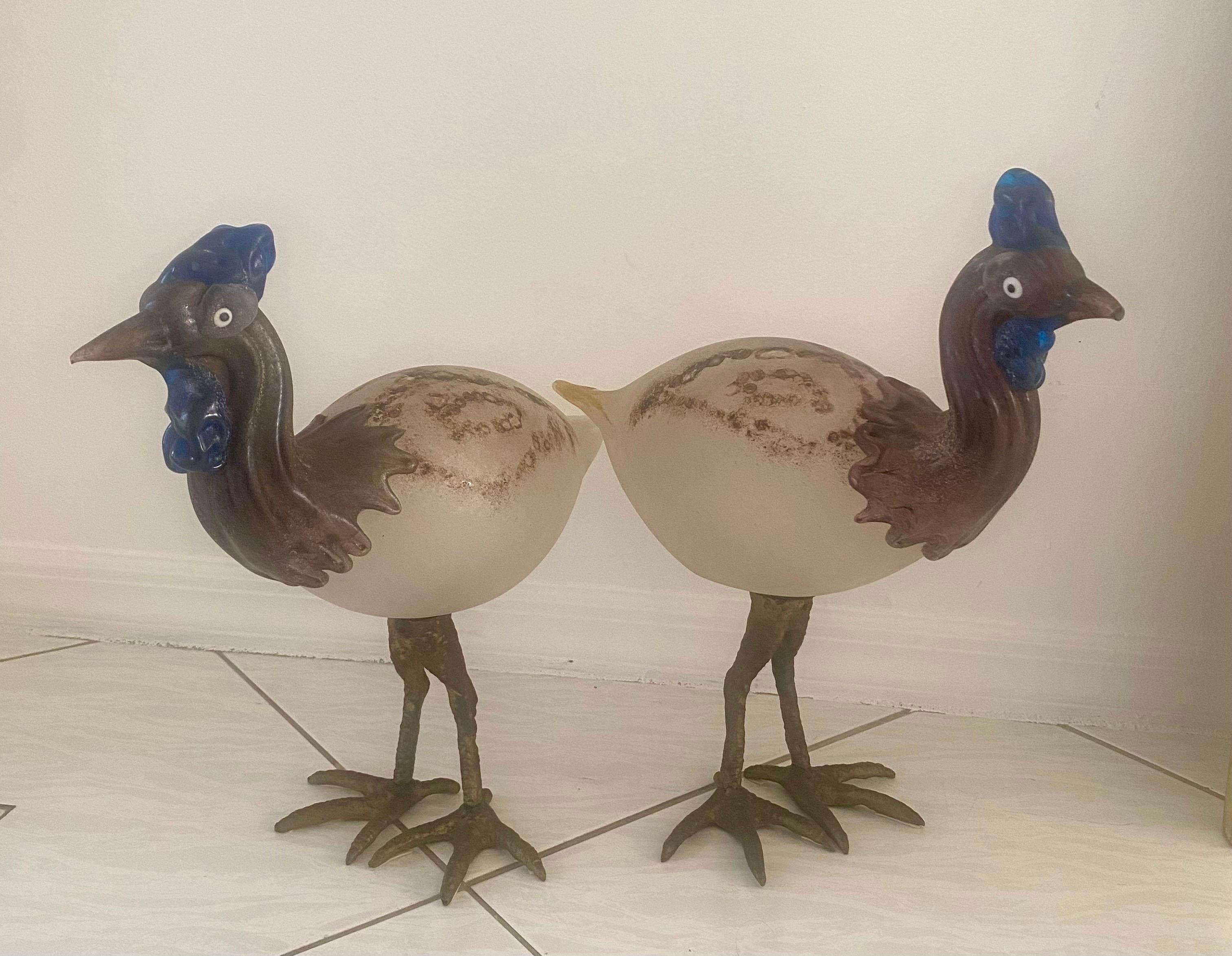 Pair of Cenedese Scavo Glass and Bronze Bird Sculptures For Sale 1