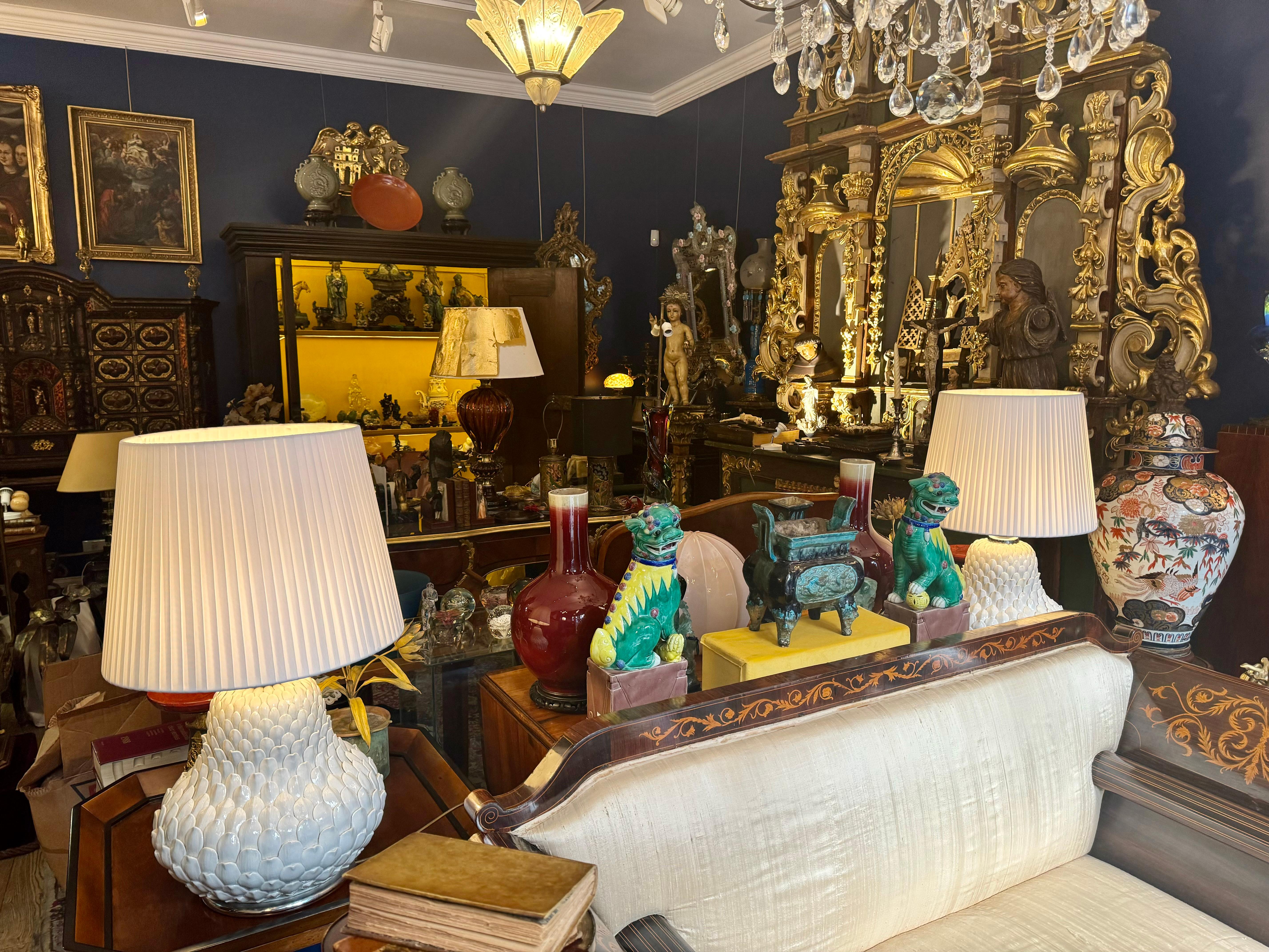 Paire de lampes de table artichauts en céramique et laiton, années 1970 en vente 3