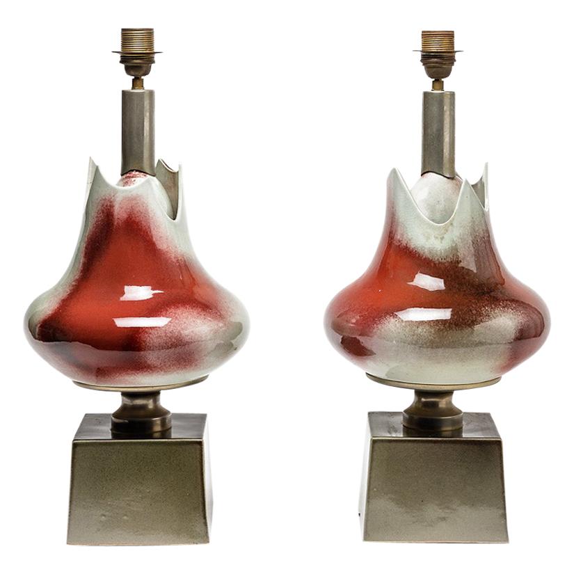 Paire de lampes de table en céramique et métal:: attribuée à Michel Barbier:: 1970