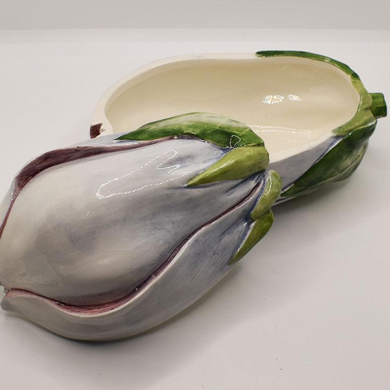 Glazed Pair of Ceramic Eggplant Motif Covered Dishes by Vietri, Italy