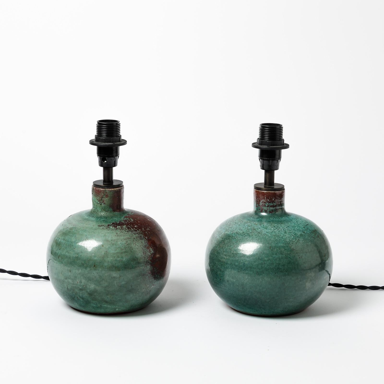 Beaux Arts Pair of Ceramic Table Lamps by La Borne Potter's, circa 1960-1970 For Sale