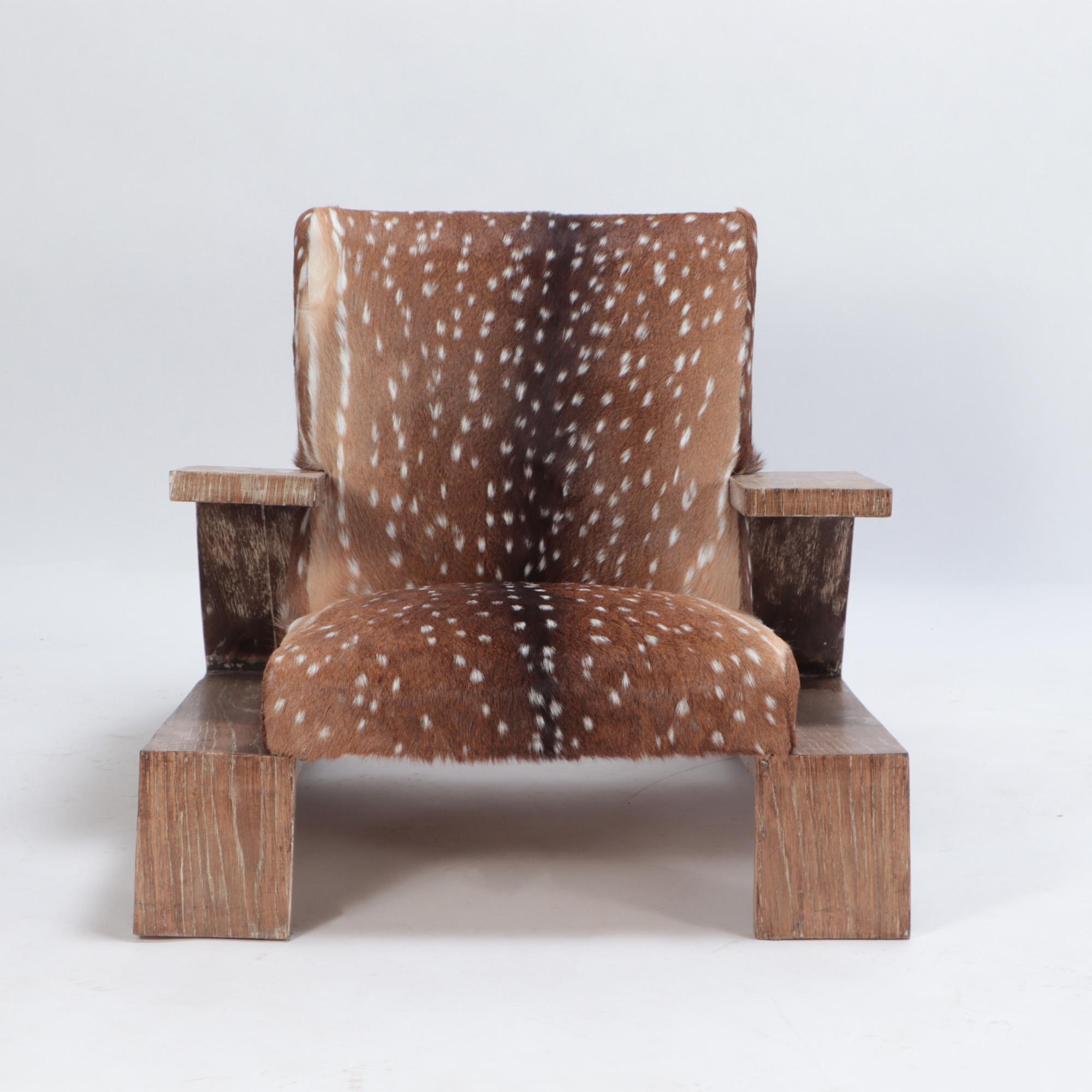 Mid-Century Modern Pair of Cerused Oak and Deer Hide Chairs, Contemporary
