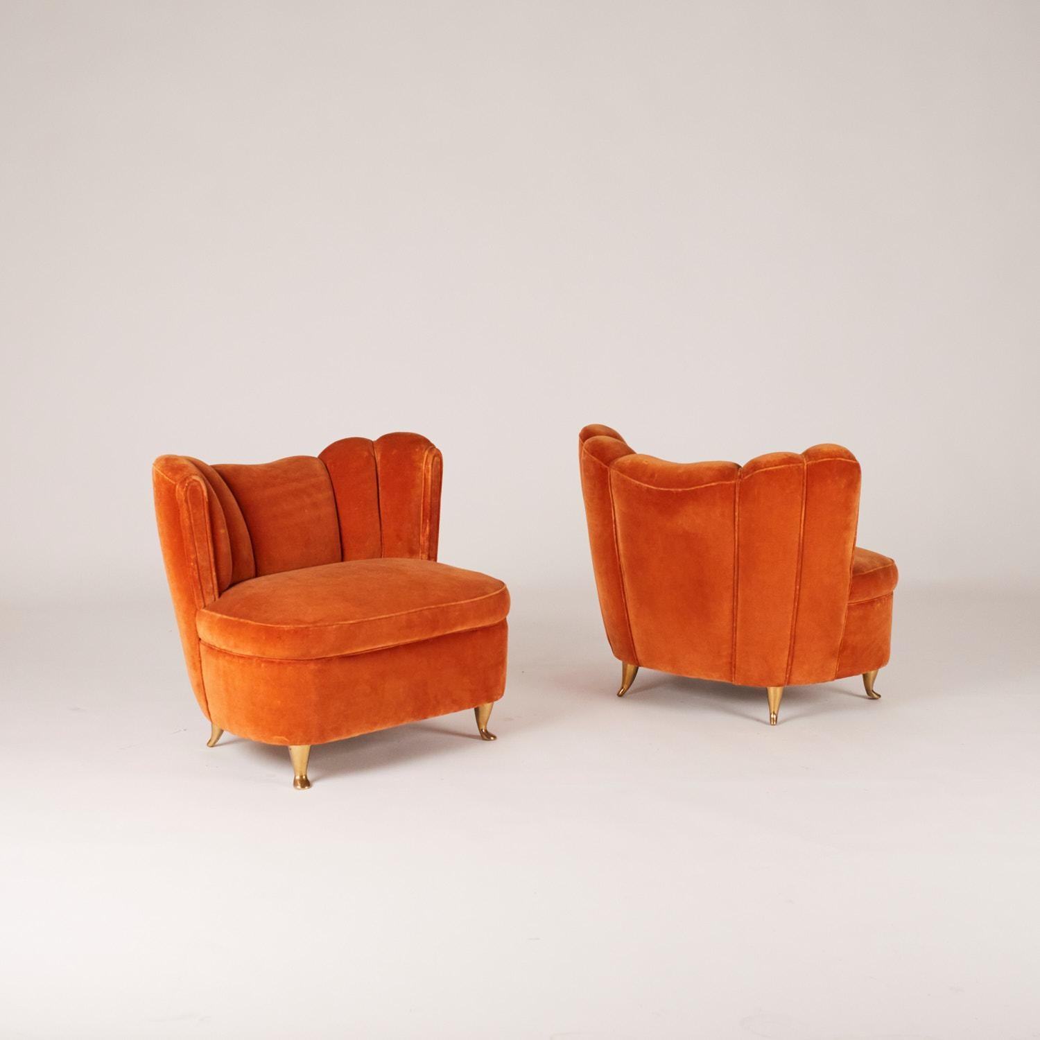 Pair of 1950's red velvet fire place chairs by Cesare Lacca, part of a living room set composed by a sofa a pair of armchairs armchairs (see pictures), purchased from the previous owner in Cantù (one of Milan's furniture district towns) in 1955,