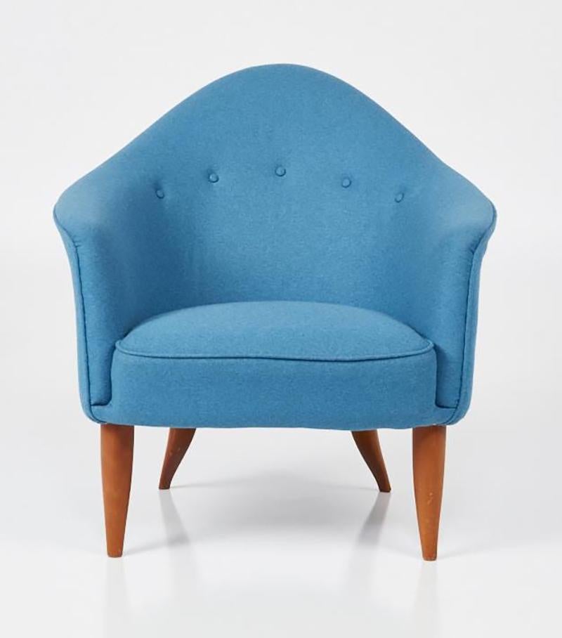 A pair of blue wool upholstered 'Adam' and 'Little Adam' armchairs designed by Kerstin Horlin-Holmquist, produced by Nordiska Kompaniet, Sweden.
Newly reupholstered, foam remains soft. 
Measures: Little Adam: 29.5