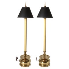 A Pair of Chapman Tall Buffet Cast Brass Table Lamps with Original Black Shades