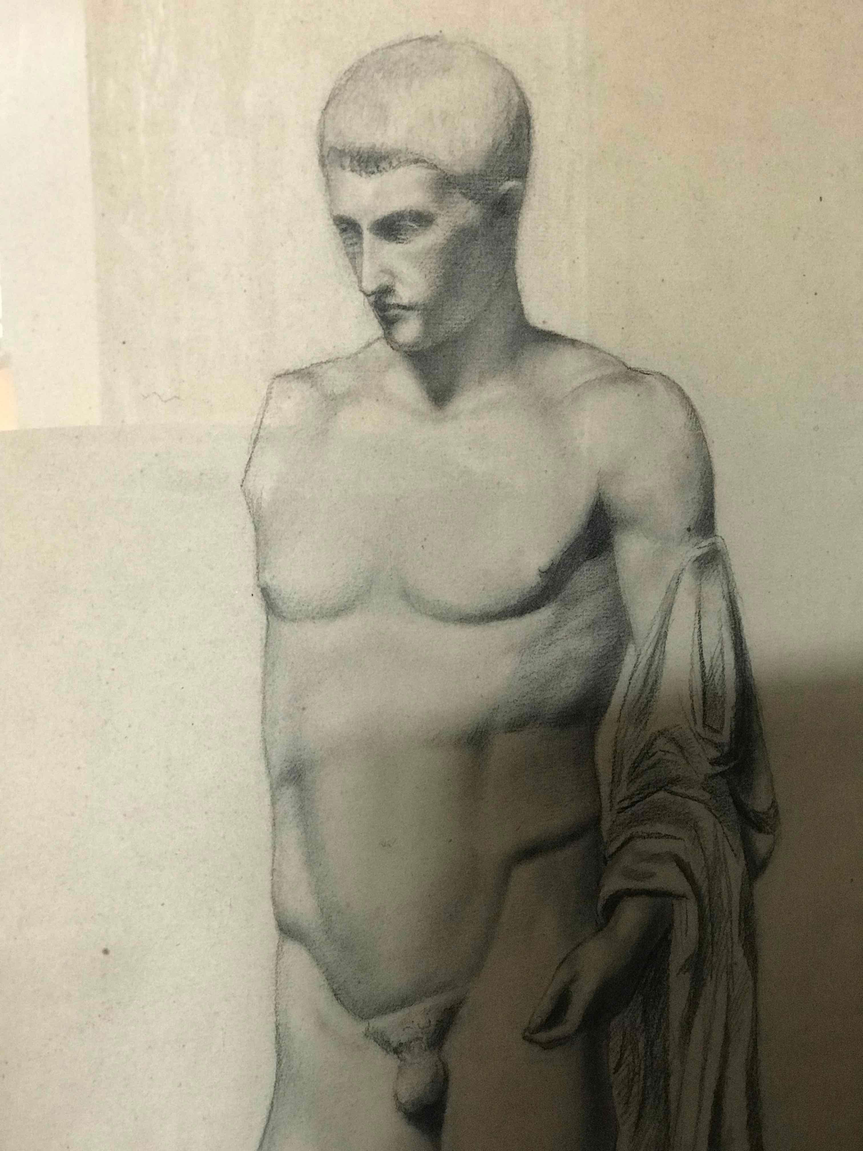 English A Pair of Charcoal Drawings of a Sculpture of a Male Nude  For Sale