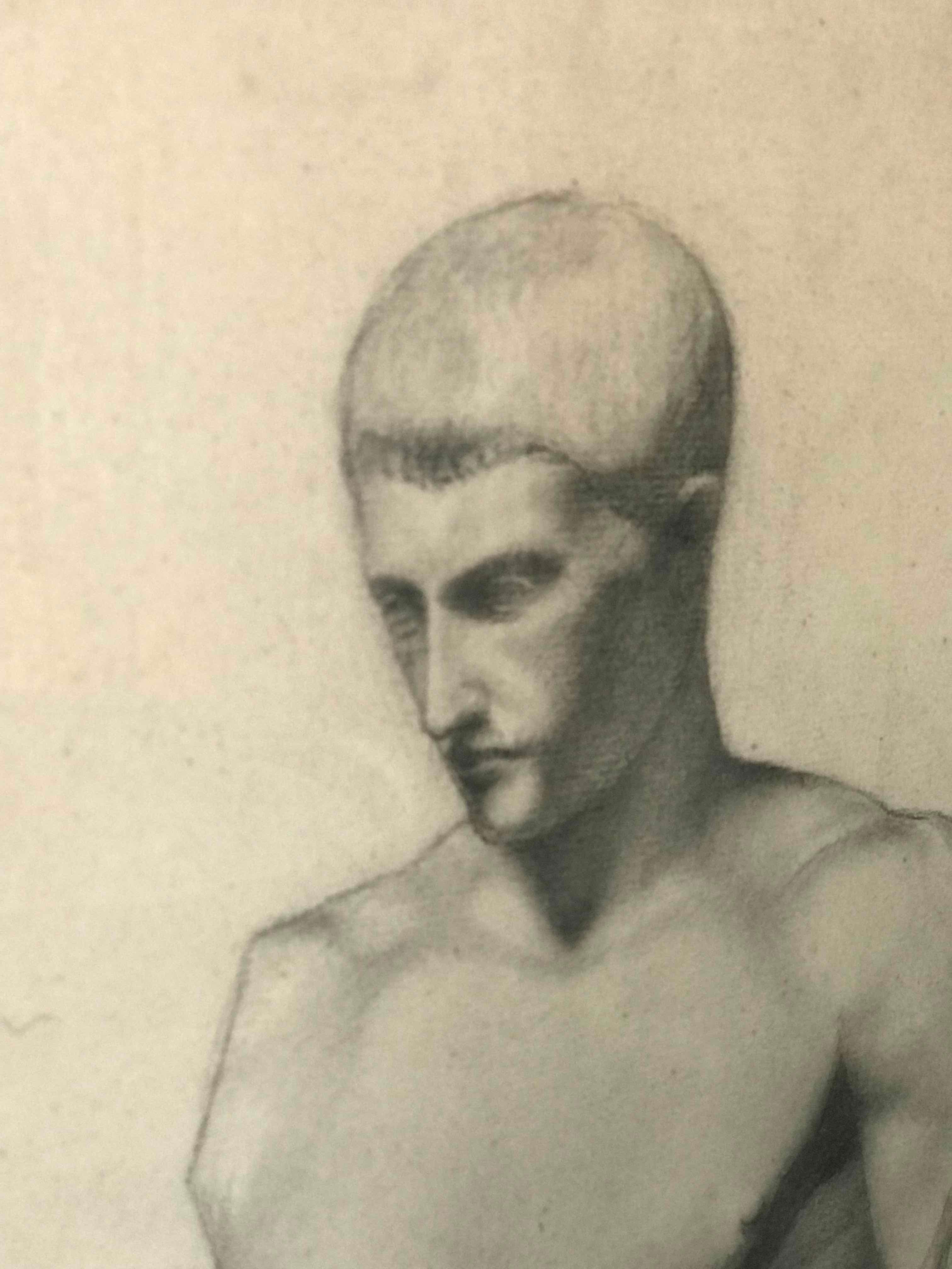 19th Century A Pair of Charcoal Drawings of a Sculpture of a Male Nude  For Sale