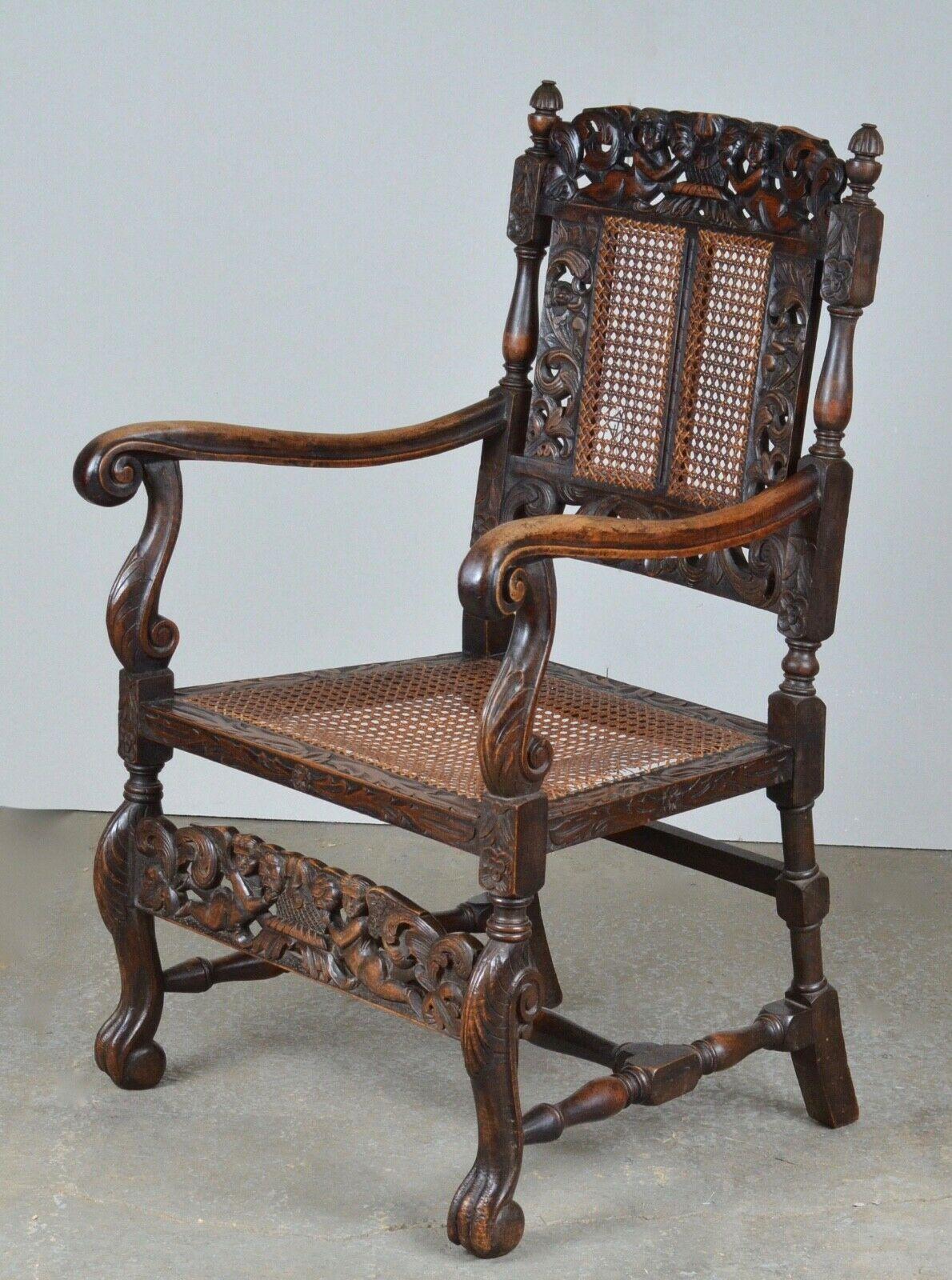 Pair of Charles II Hand Carved Walnut Armchairs For Sale 7