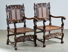 Pair of Charles II Hand Carved Walnut Armchairs