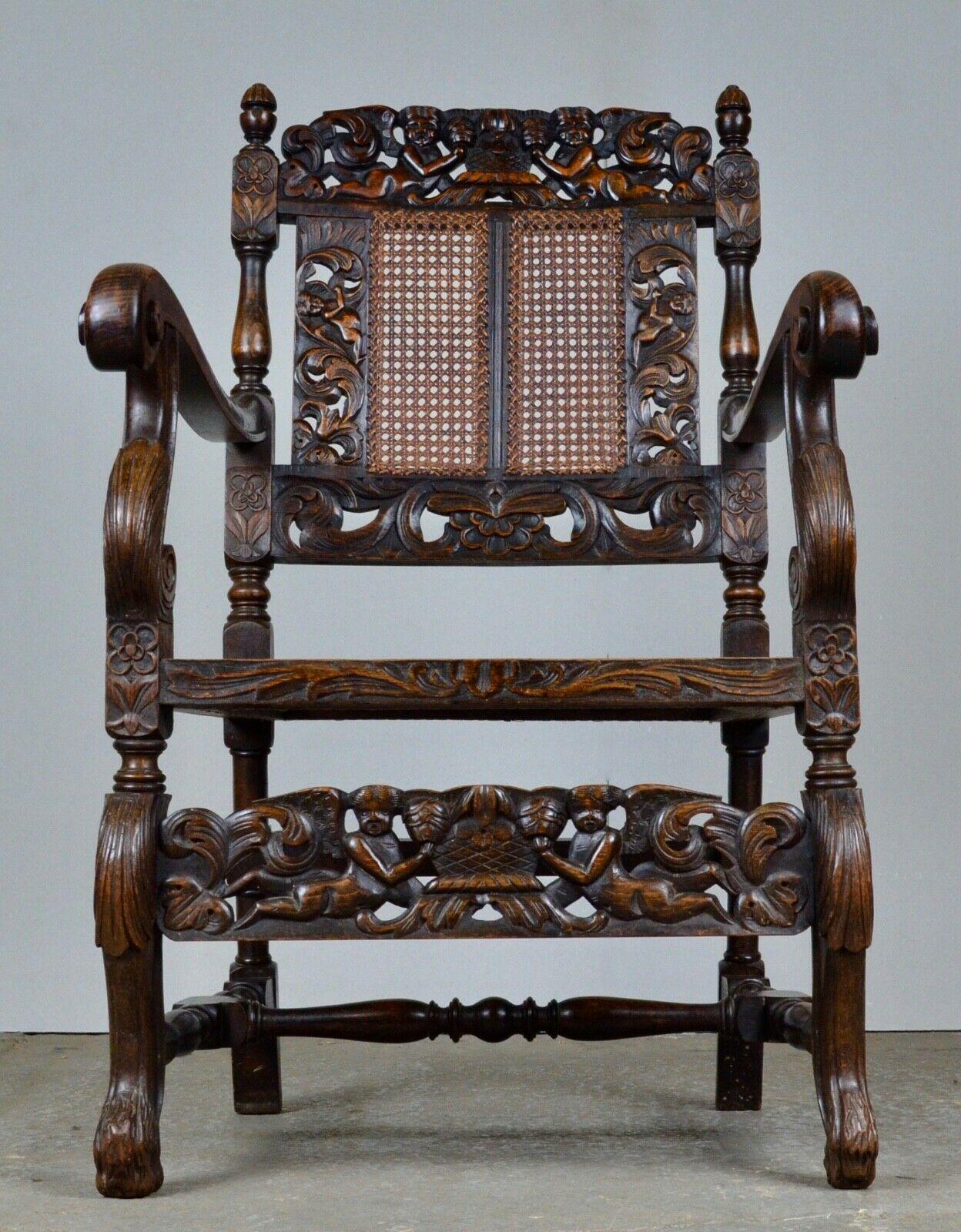 Pair of Charles II Hand Carved Walnut Armchairs For Sale 2