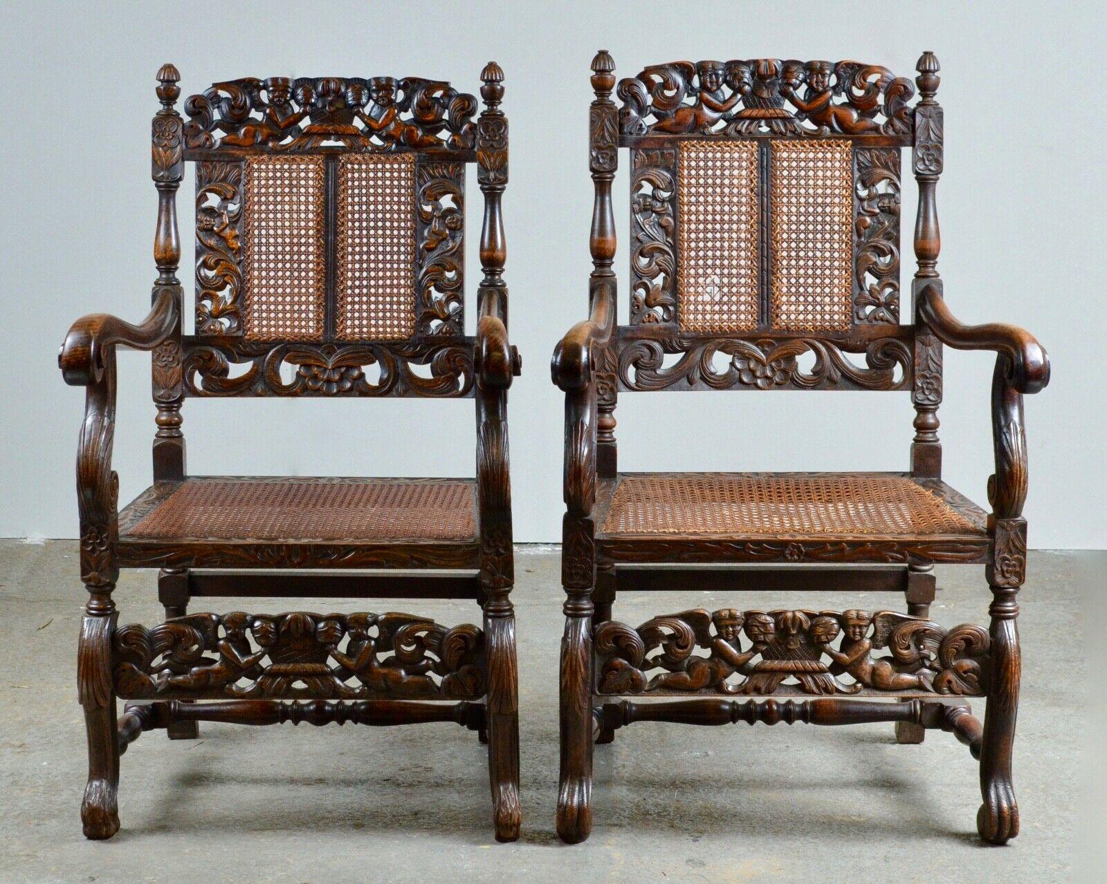 Pair of Charles II Hand Carved Walnut Armchairs For Sale 4