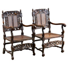 Pair of Charles II Hand Carved Walnut Armchairs