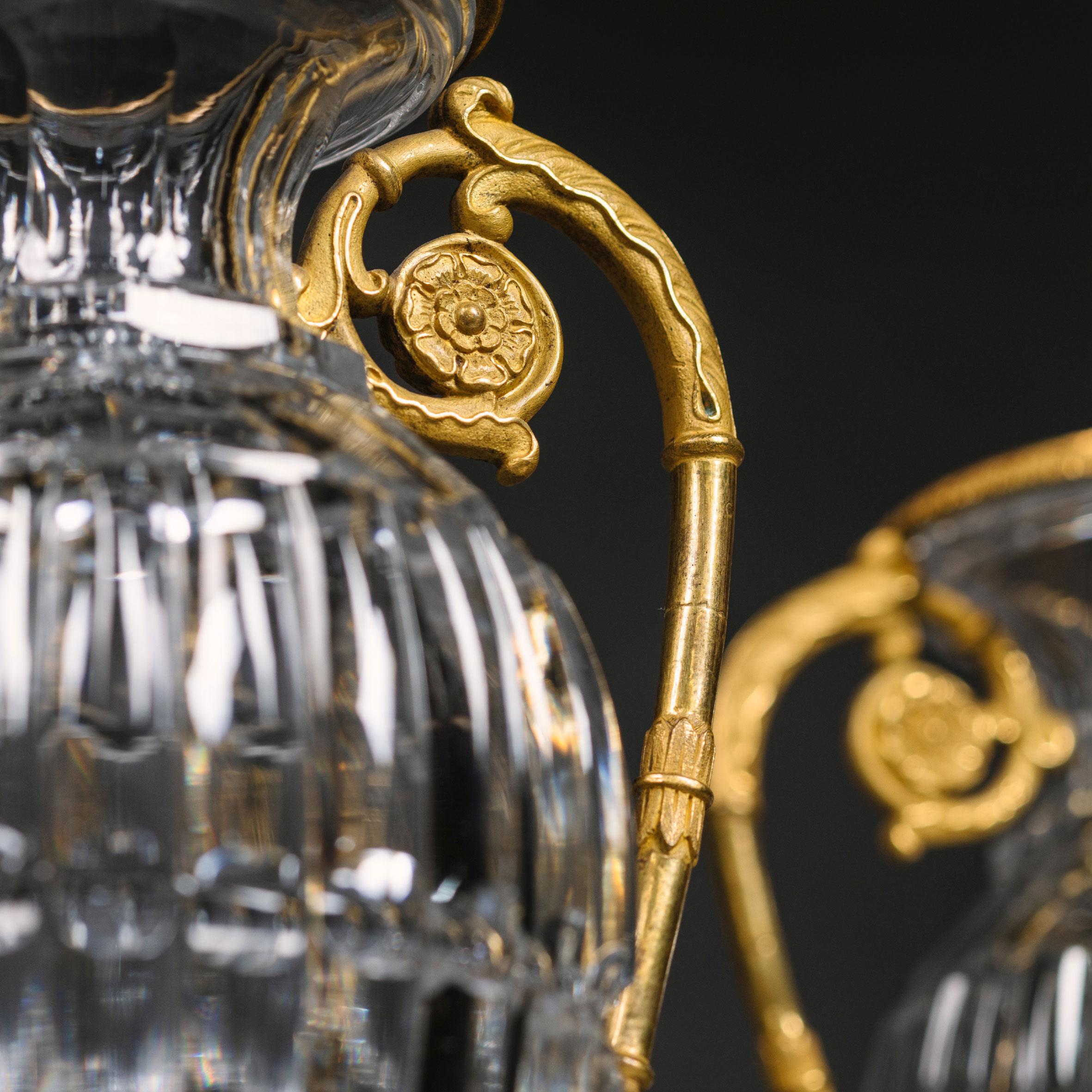 French Pair of Charles X Gilt-Bronze Mounted Cut Crystal Glass Vases For Sale