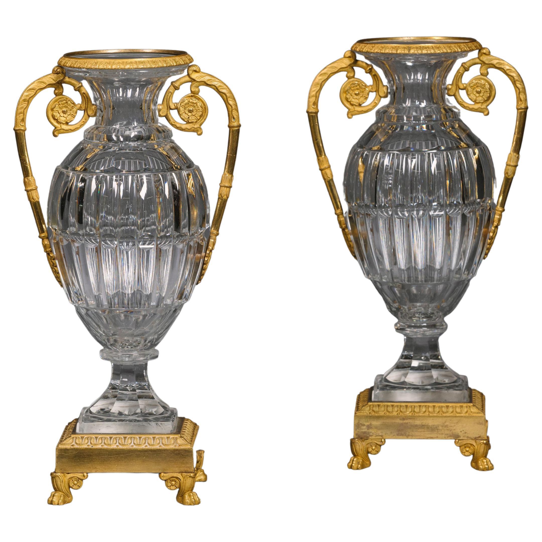 Pair of Charles X Gilt-Bronze Mounted Cut Crystal Glass Vases For Sale