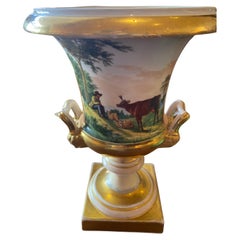 A Pair Of Charles X Paris Porcelain Scenic Painted Porcelain Urns.