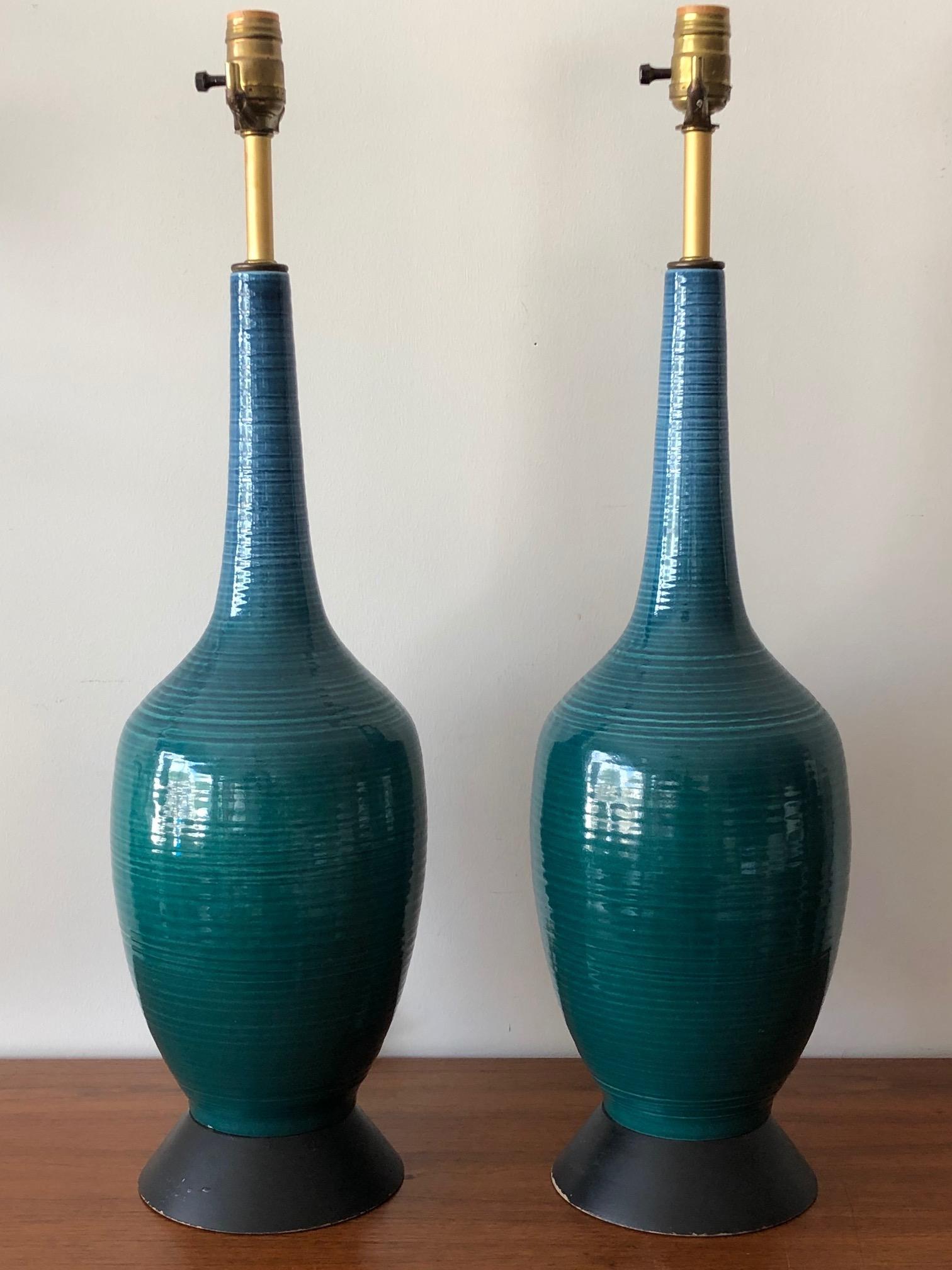 Pair of Charming Turquiose Lamps with Original Shades 4