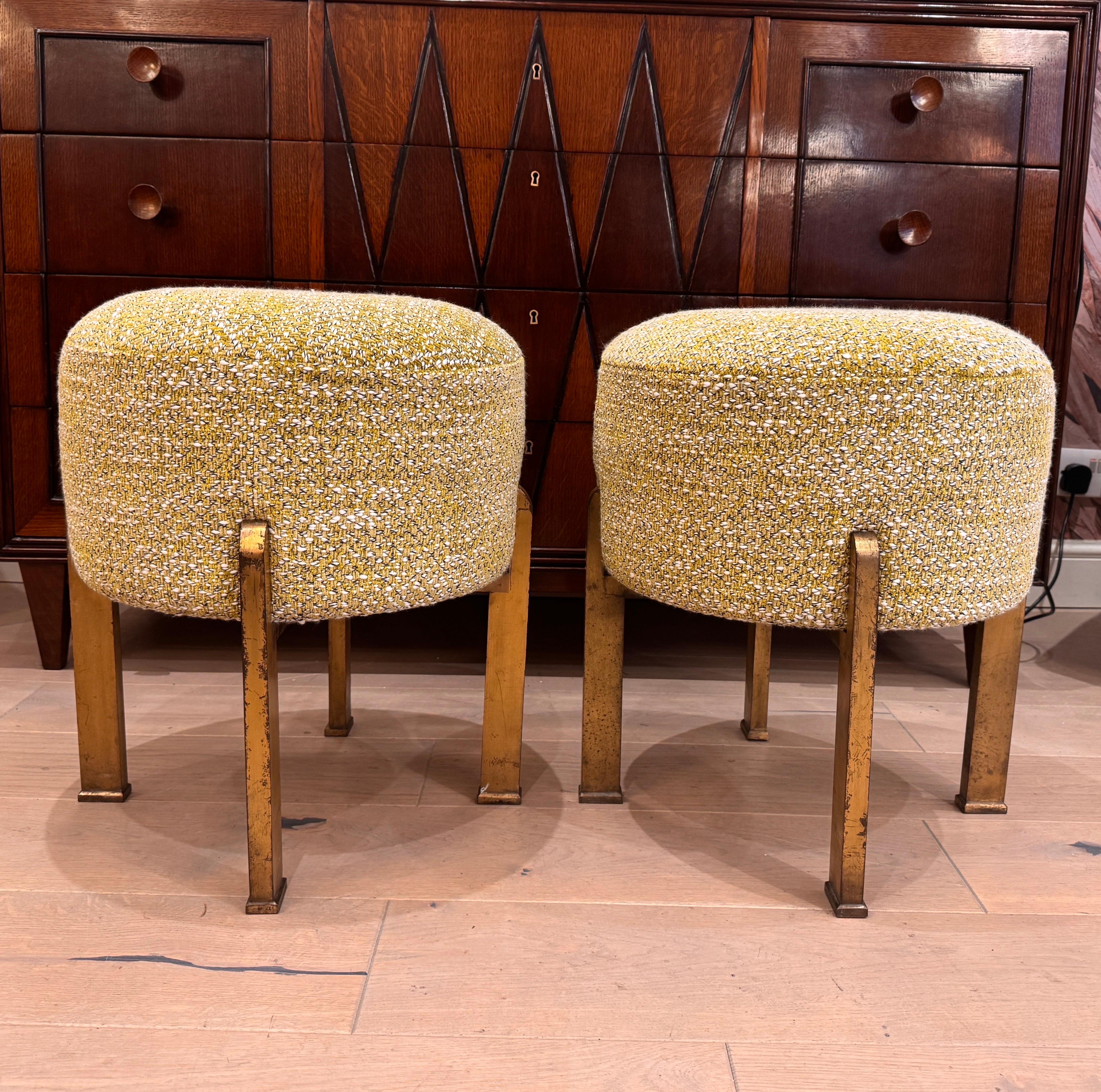 Brass A pair of Chartreuse boucle Ottoman/stools with gilded bronze structure For Sale