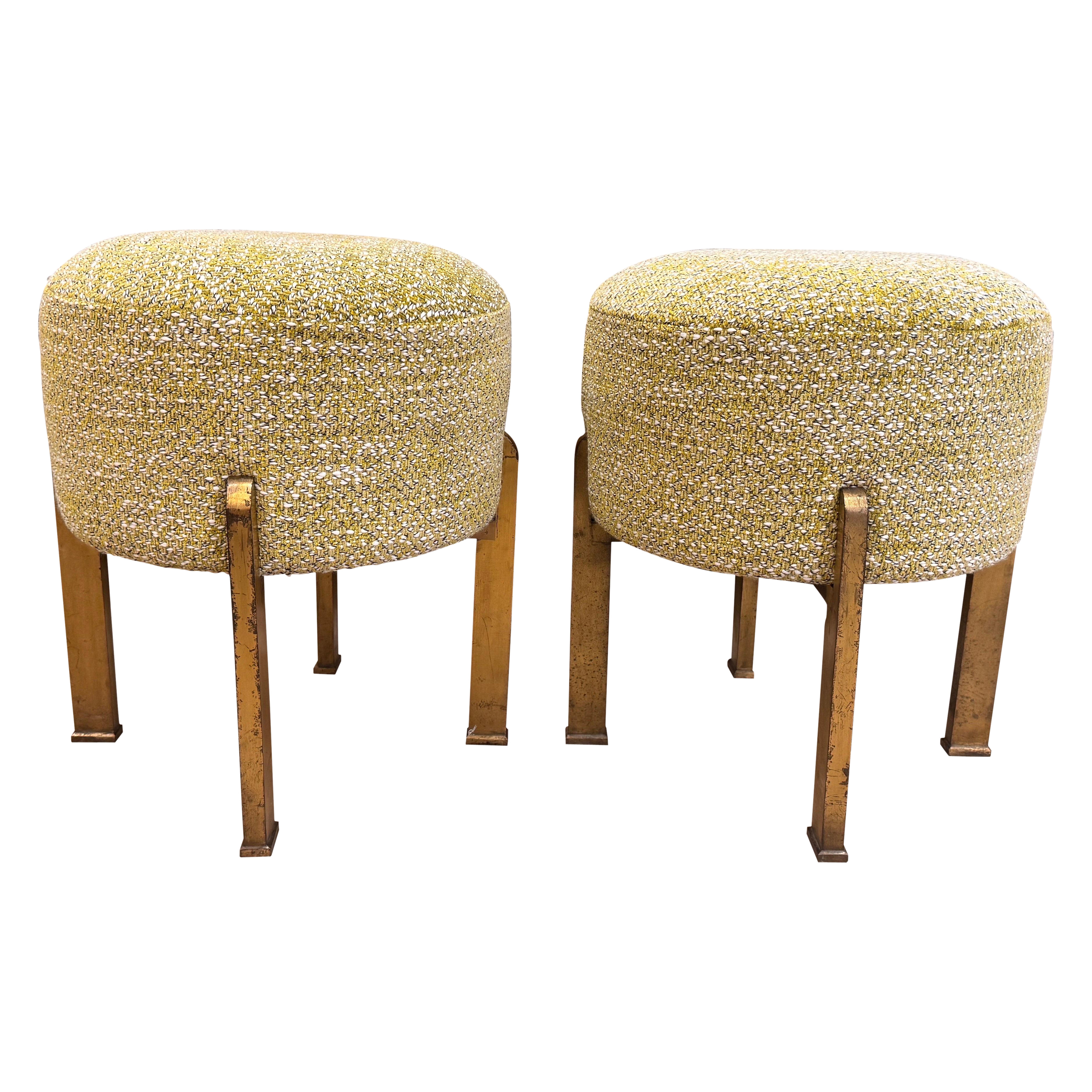 A pair of Chartreuse boucle Ottoman/stools with gilded bronze structure For Sale
