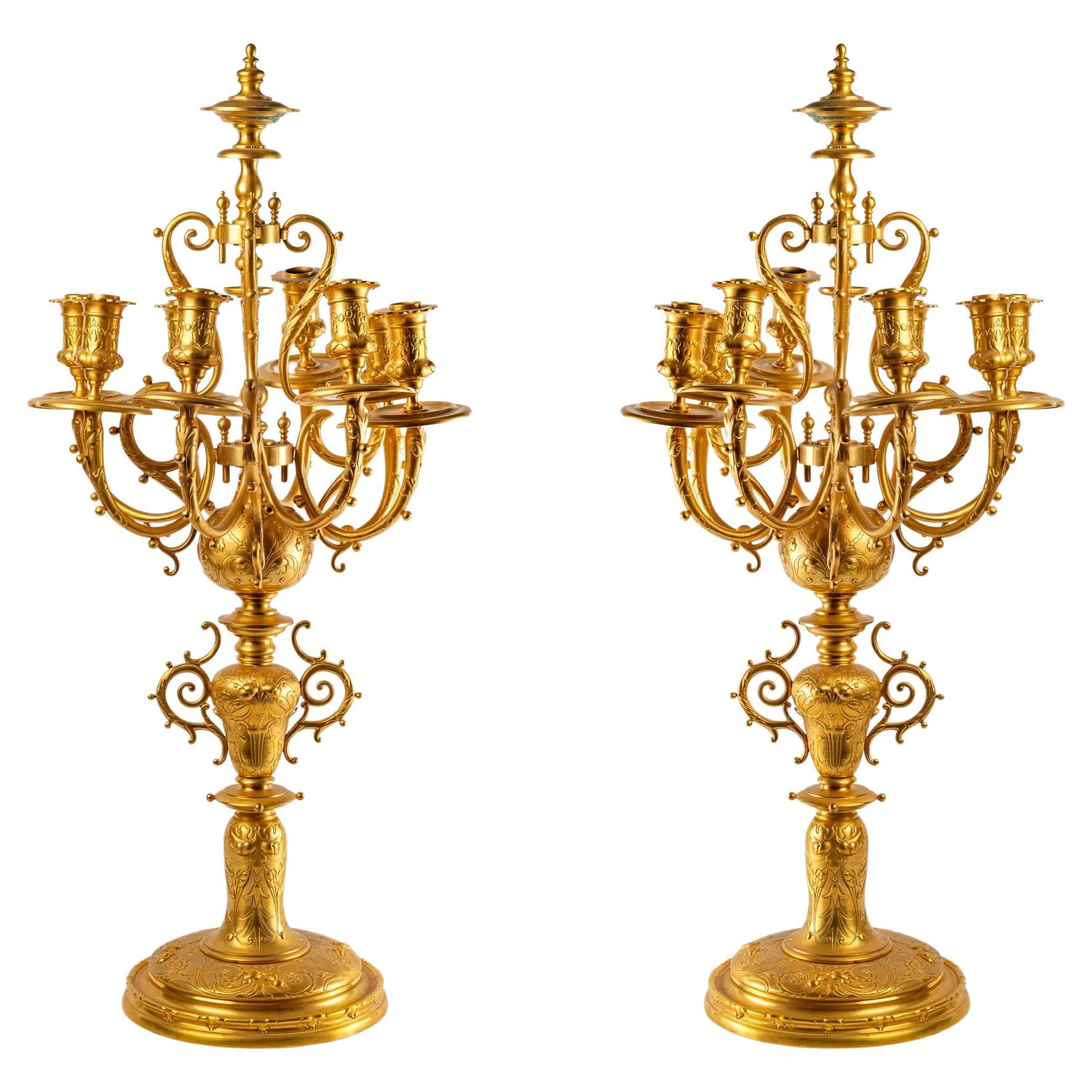 Pair of French New Rococo Gilt Bronze Candelabra with 5 Arms For Sale