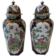 Pair of Chelsea Bird Motif Porcelain Urn Jars by Samson