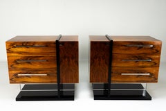 A Pair of Chest of Drawers with Walnut Veneers and Nickel Handles