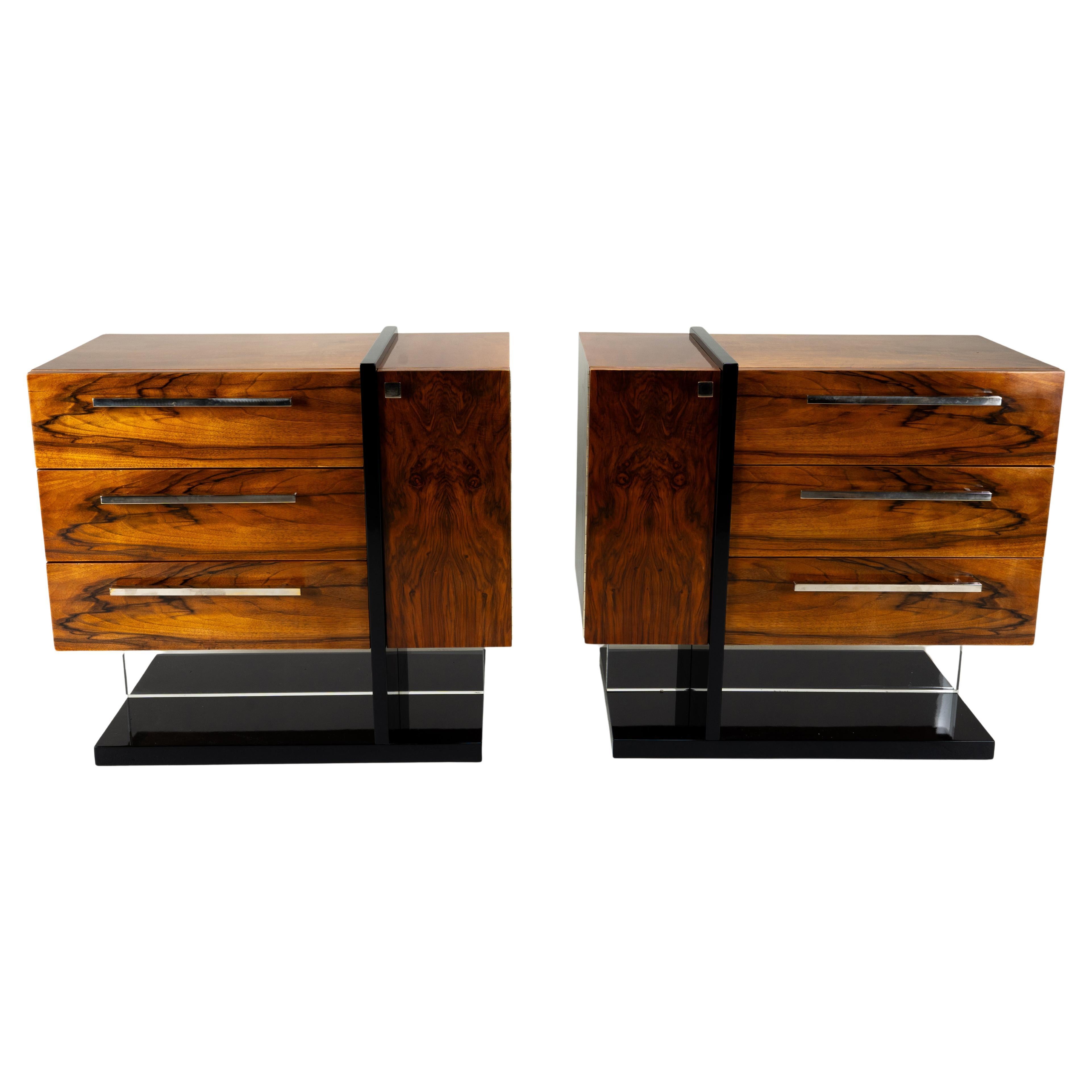 A Pair of Chest of Drawers with Walnut Veneers and Nickel Handles For Sale