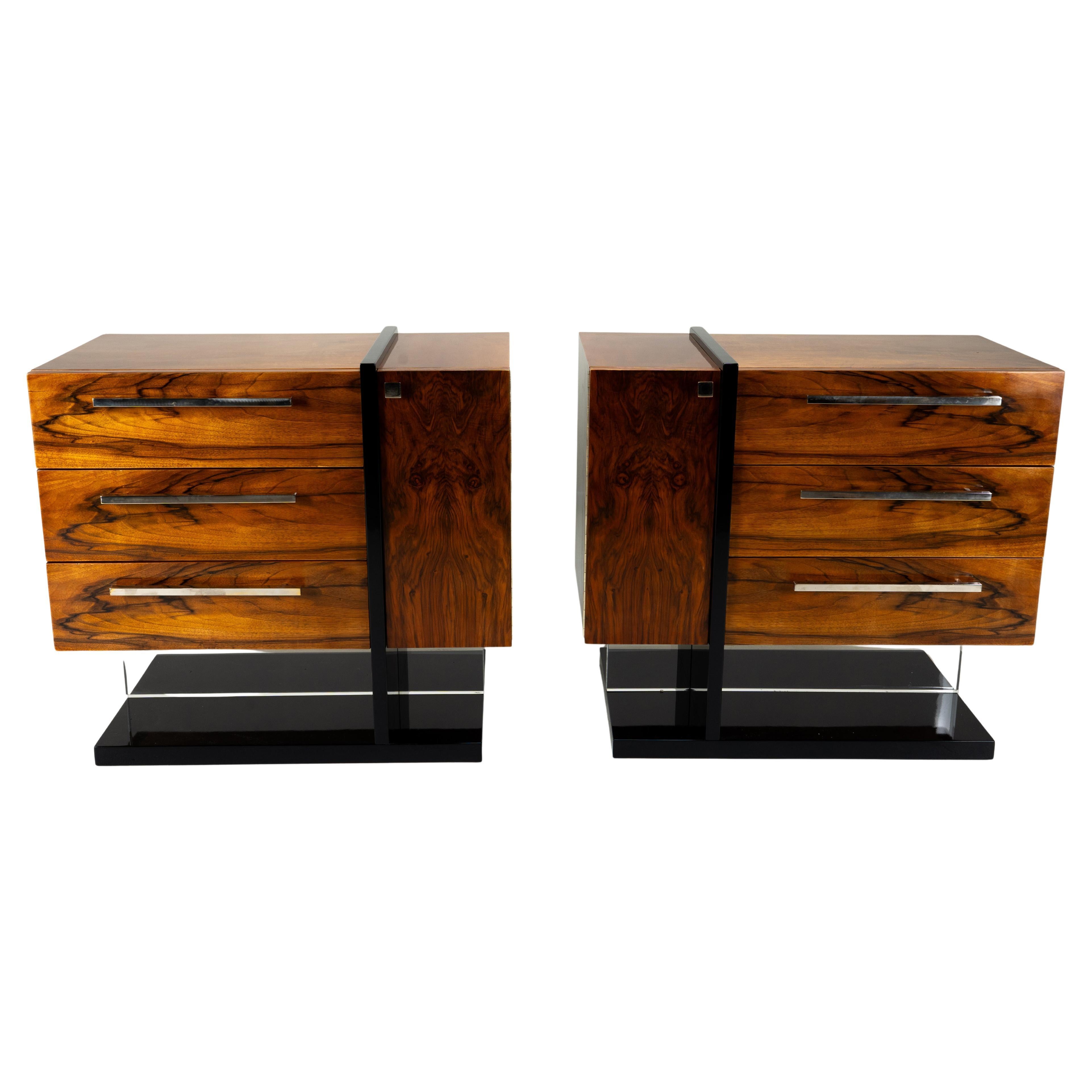 A Pair of Chest of Drawers with Walnut Veneers and Nickel Handles