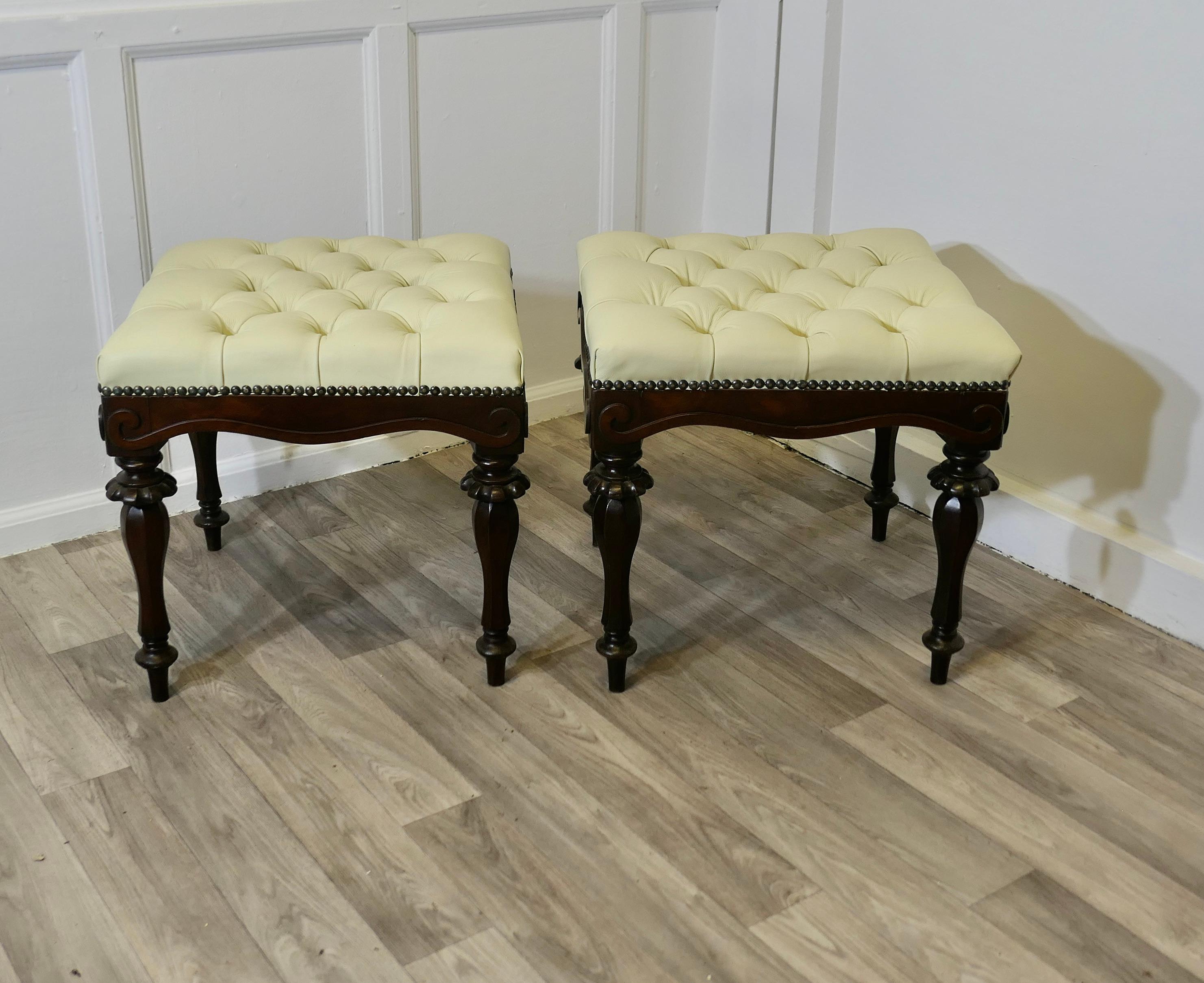 High Victorian A Pair of Chesterfield Buttoned Leather Walnut Library Window Stools For Sale