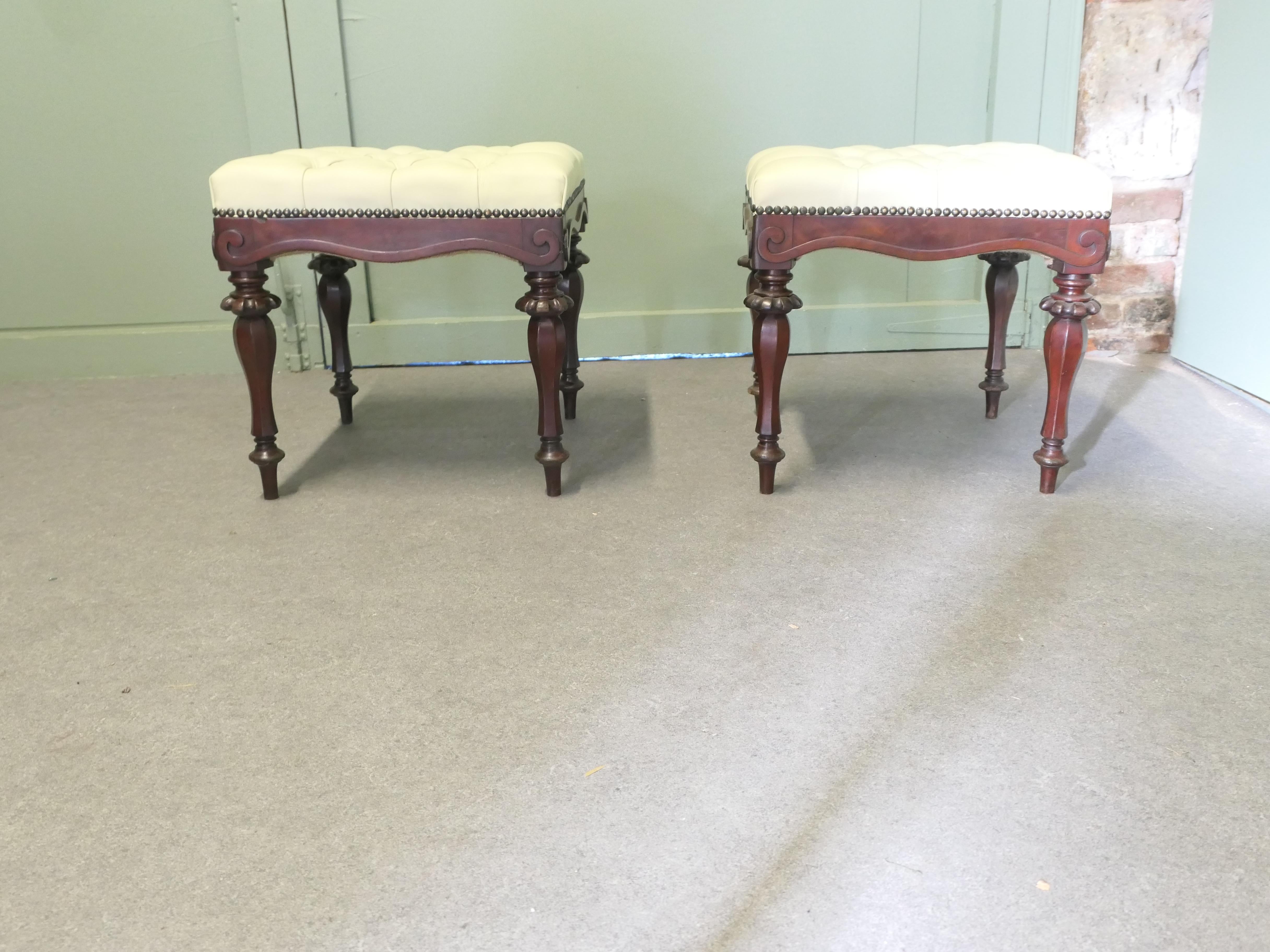 Victorian A Pair of Chesterfield Buttoned Leather Walnut Library Window Stools For Sale