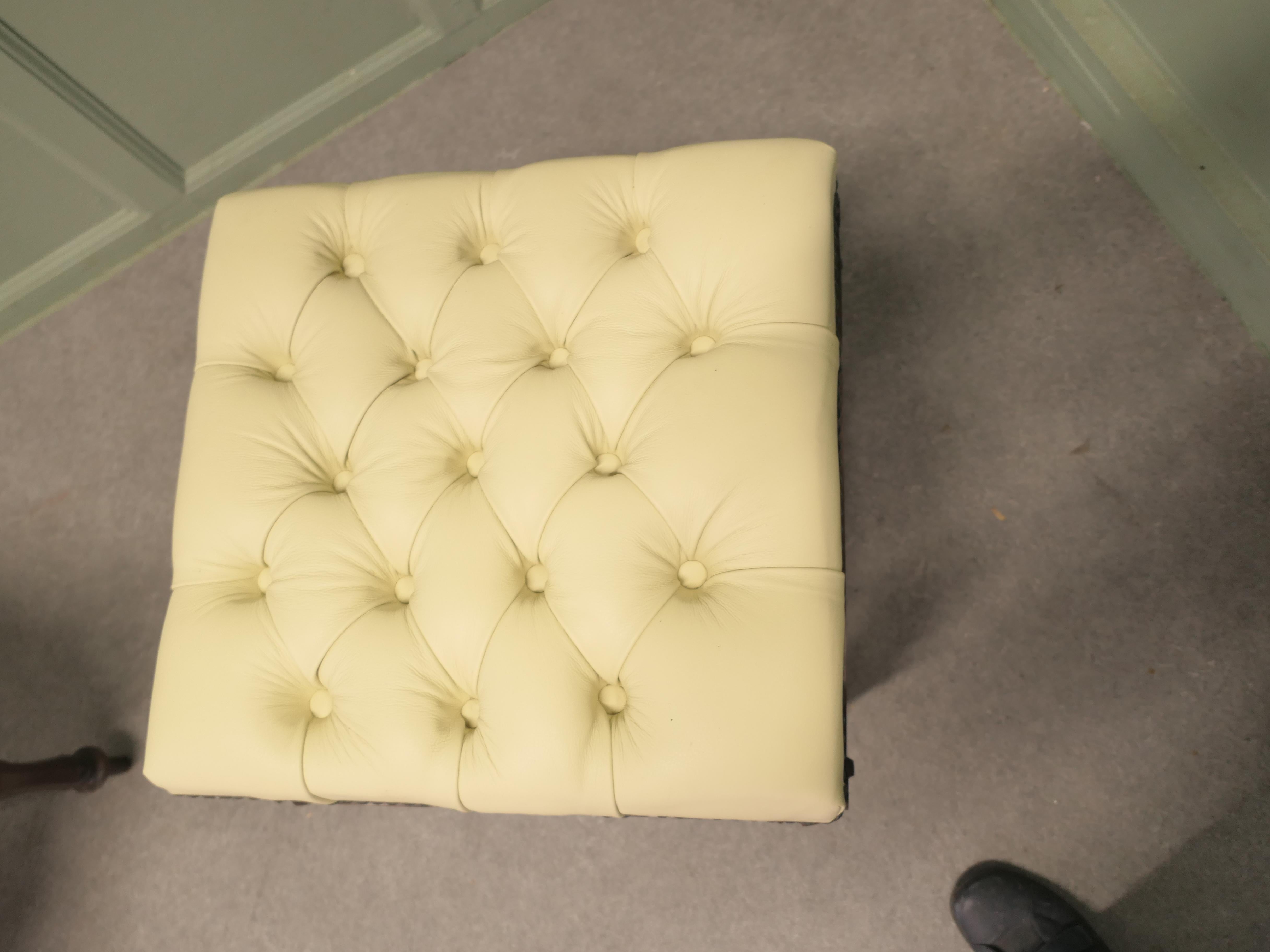 A Pair of Chesterfield Buttoned Leather Walnut Library Window Stools For Sale 2