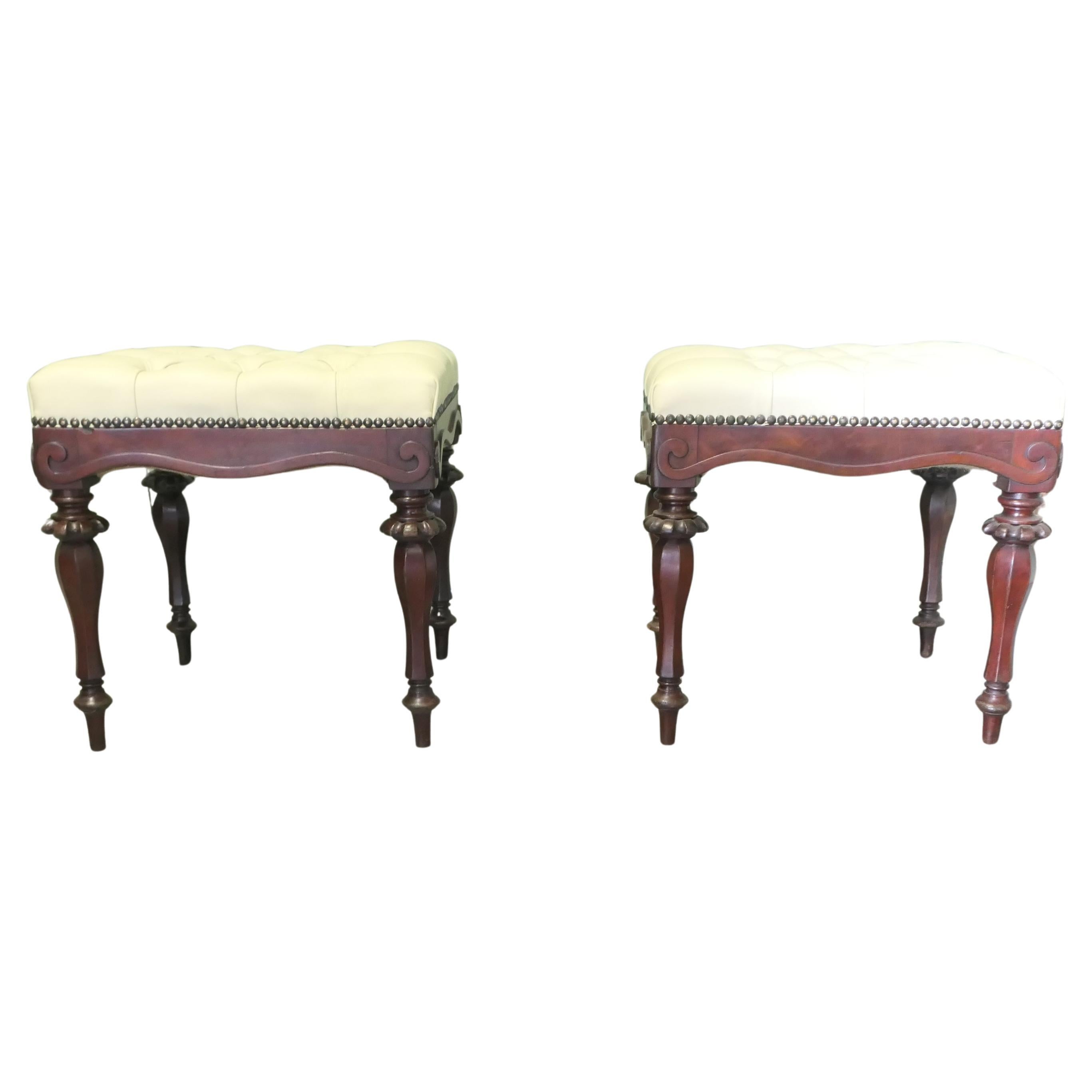 A Pair of Chesterfield Buttoned Leather Walnut Library Window Stools For Sale