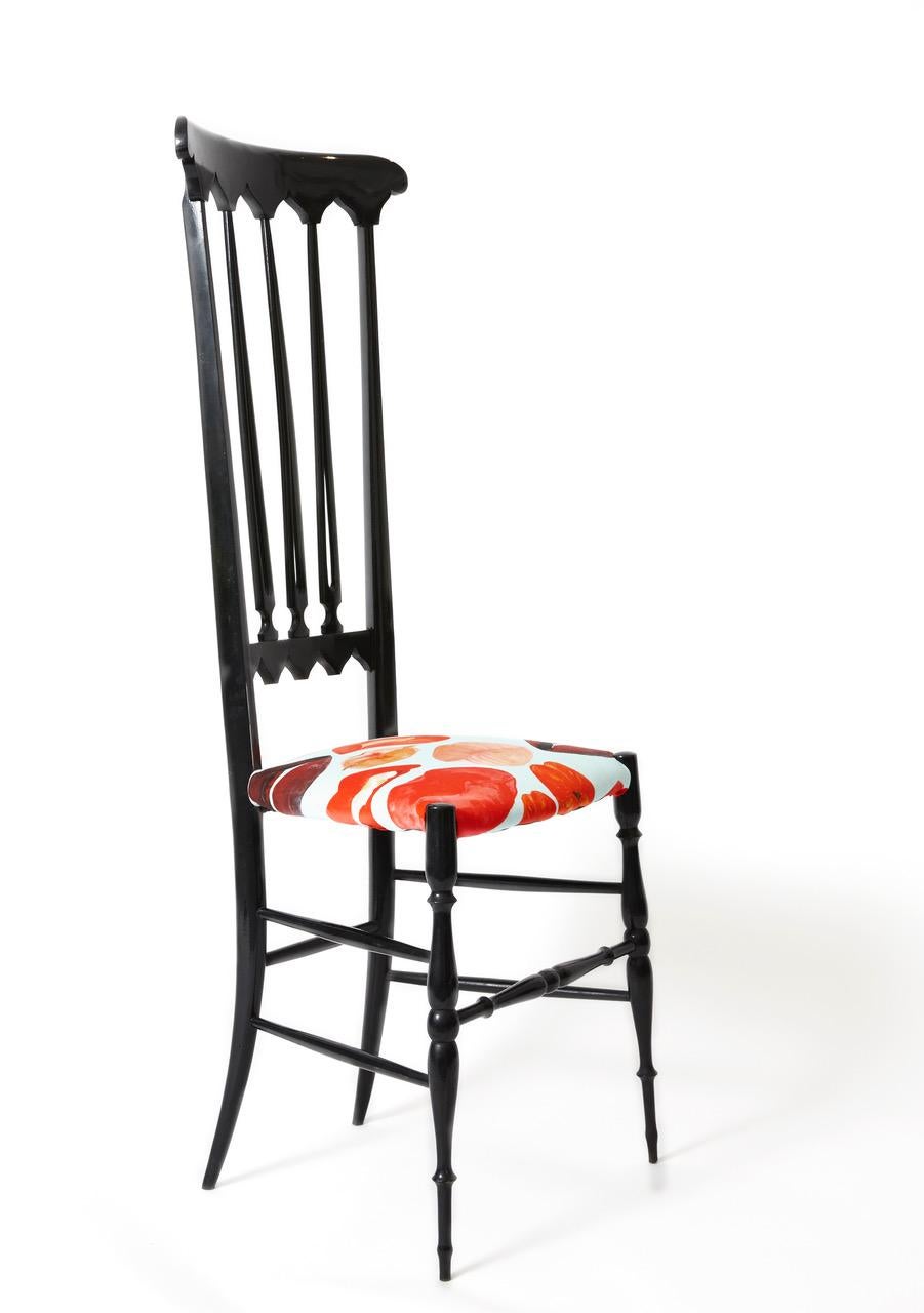 A pair of restored Chiavari chairs. Model: Spada. Recently reupholstered
Upholstery: Lips on Turquoise Cotton by VOUTSA
Italy
1950s.