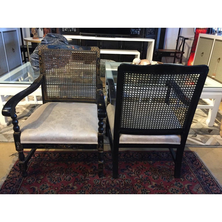 Pair of Chic Vintage Asian Cane Back Armchairs Chairs at 1stDibs