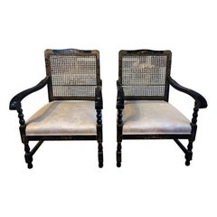 Pair of Chic Vintage Asian Cane Back Armchairs Chairs