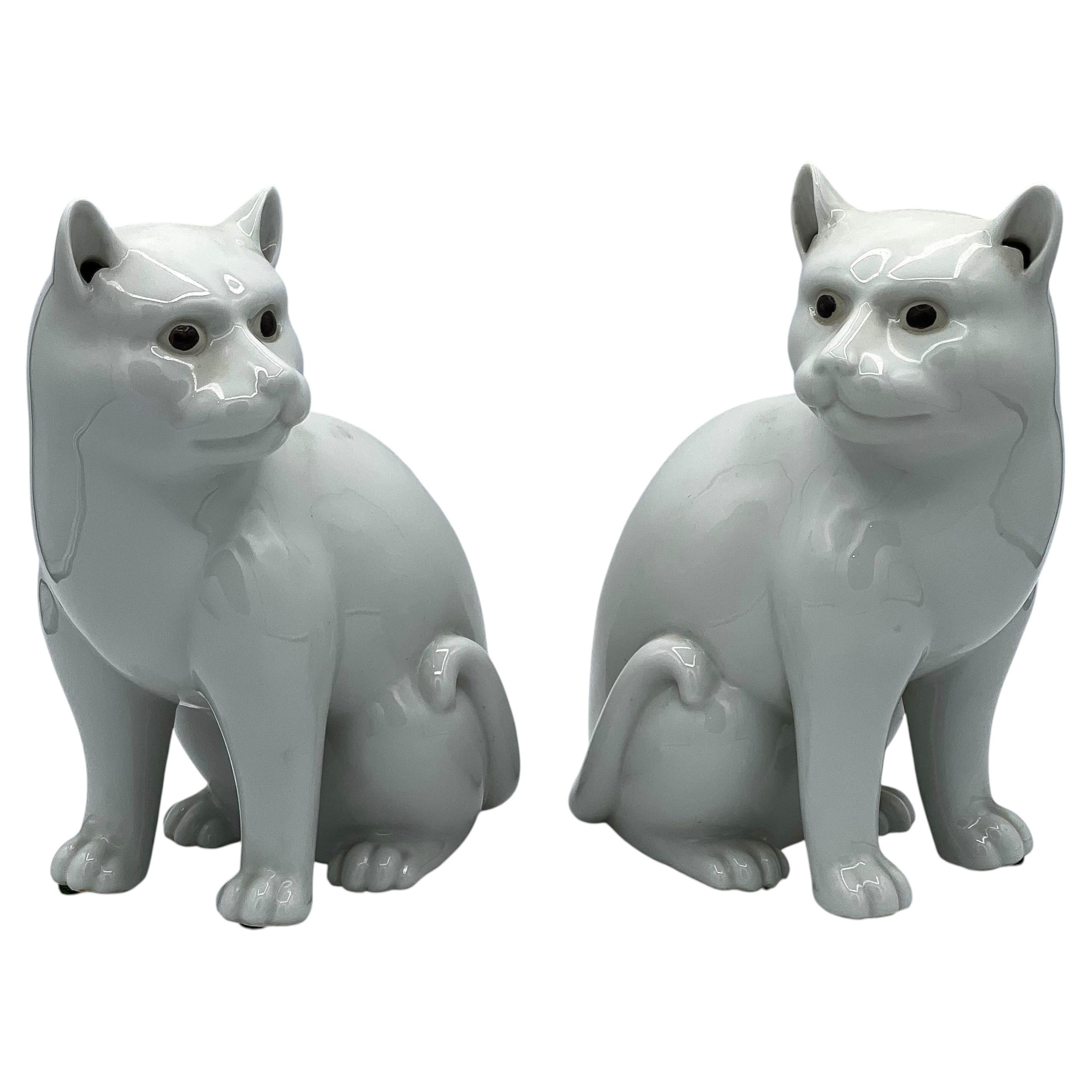 A Pair of Chinese Art Deco Blanc de Chine Porcelain Cats, Ca. 1920