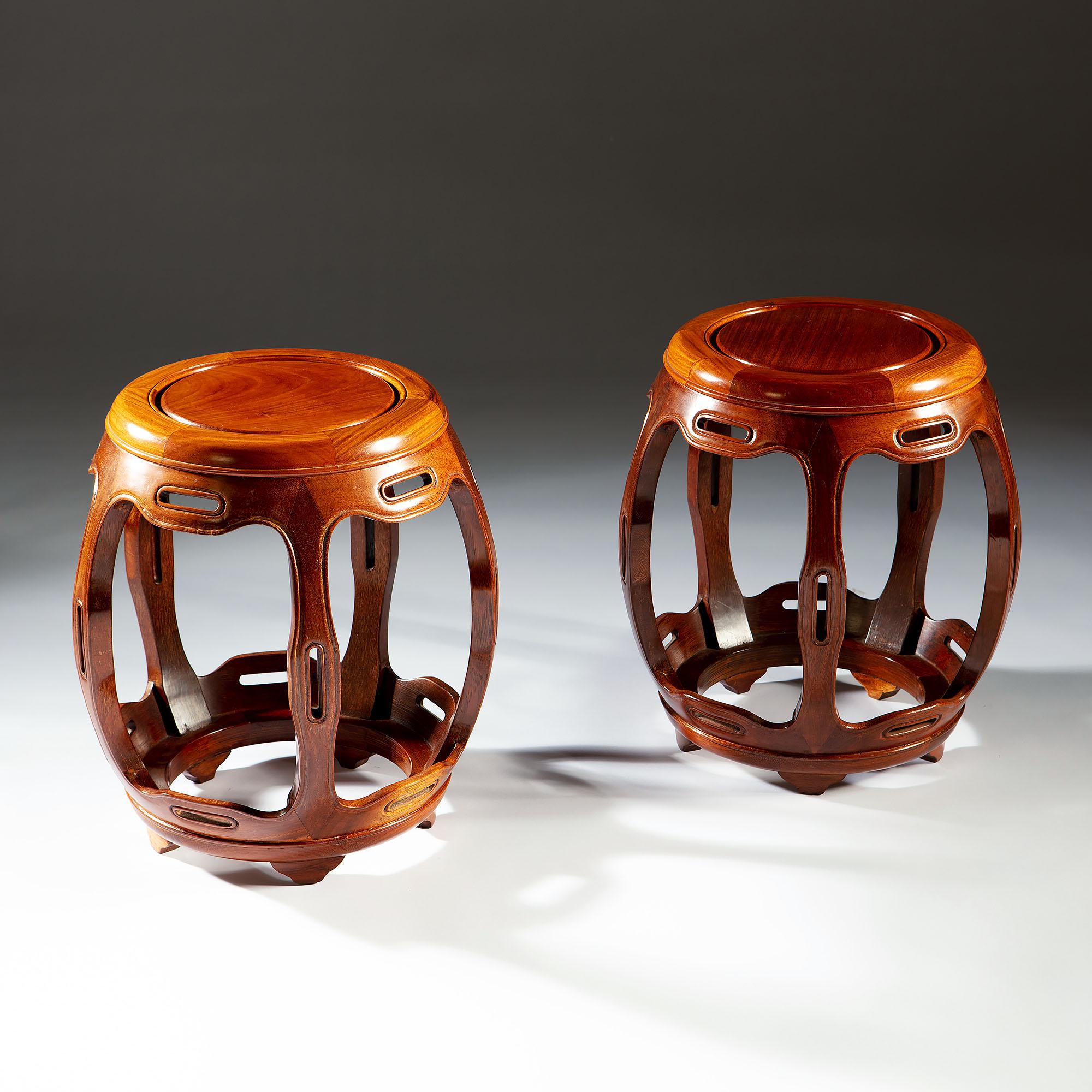 20th Century Pair of Chinese Barrel Circular Occasional Tables 