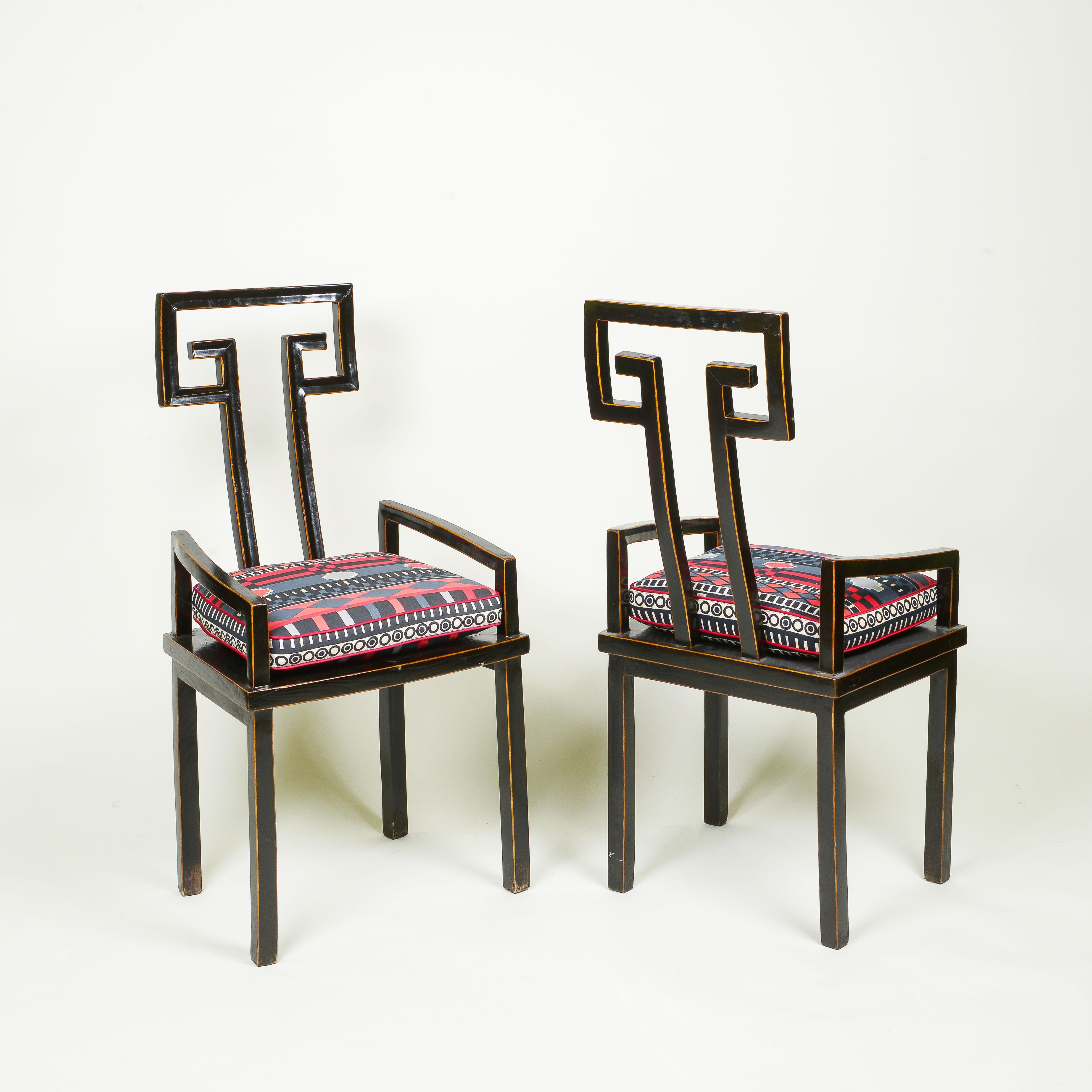 With Greek key open backplate; on straight square legs; the squab seat cushion made of vintage Yves Saint Laurent fabric.