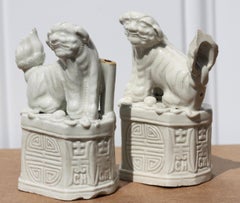 Pair of Chinese 'blanc-de-chine' 'Buddhist Lion' Joss Stick Holders