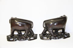 Pair of Chinese Carved Ebony Elephants on Original Stands