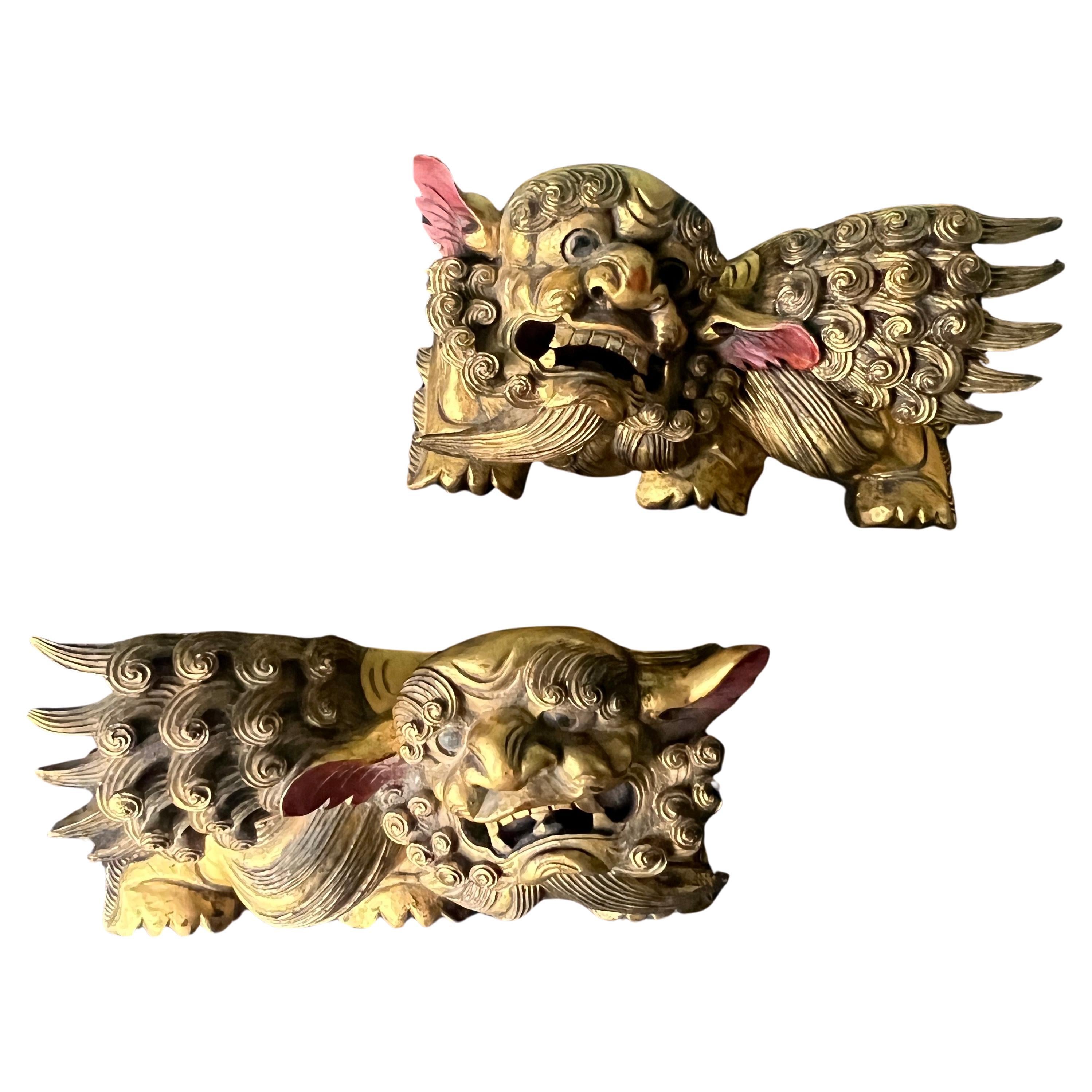 A Pair of Chinese Carved Giltwood Foo Dog Lion Mounts