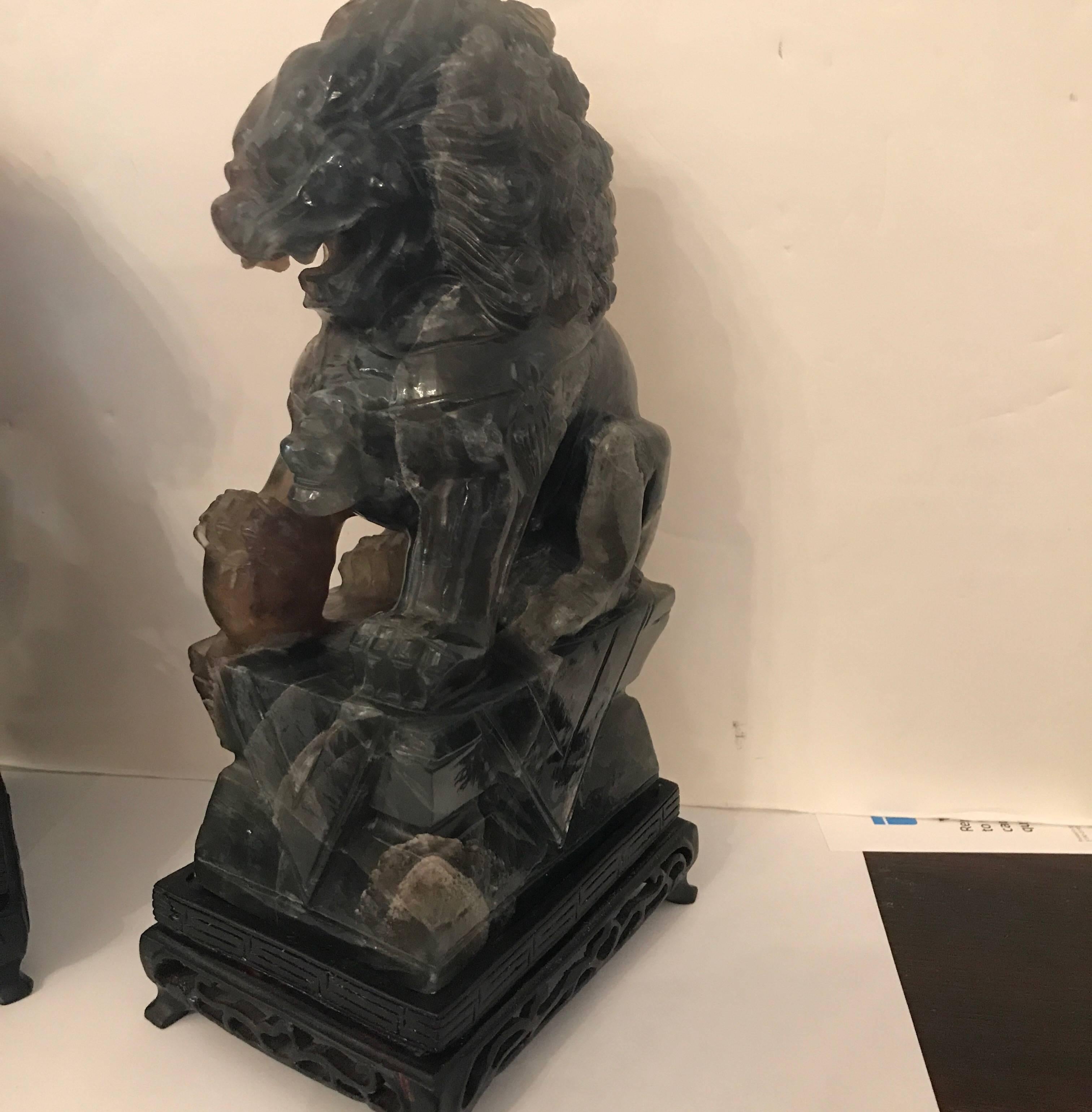 Chinese Export Pair of Chinese Carved Green Quartz Foo Dogs