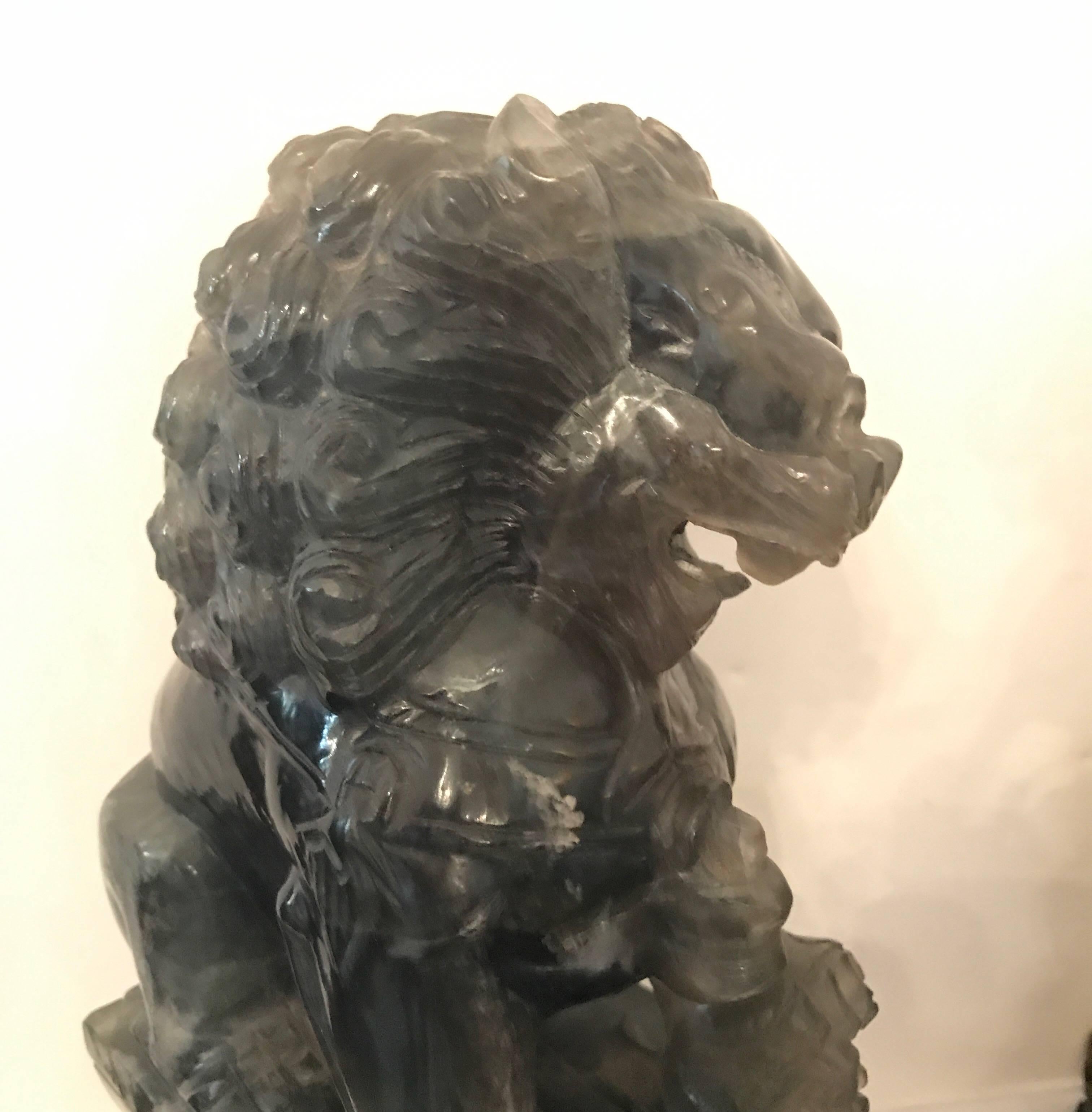 Hand-Carved Pair of Chinese Carved Green Quartz Foo Dogs