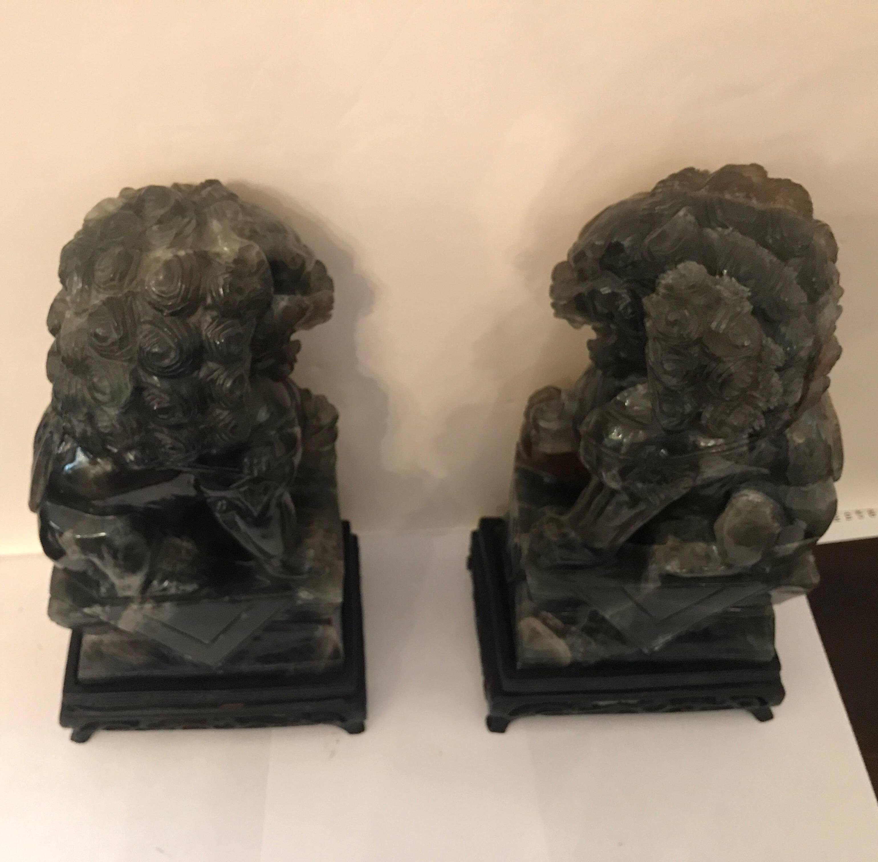 Pair of Chinese Carved Green Quartz Foo Dogs 1